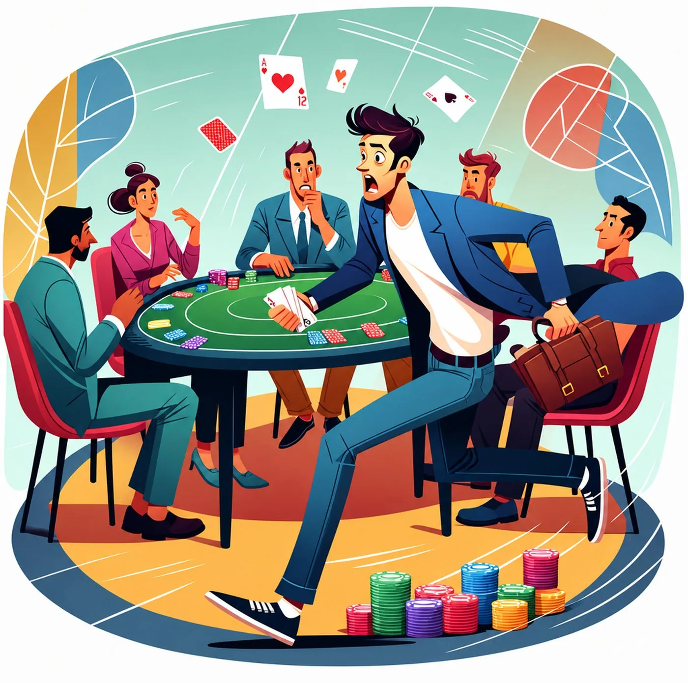 Förvånad man med portfölj som stressar fram till ett pågående pokerbord