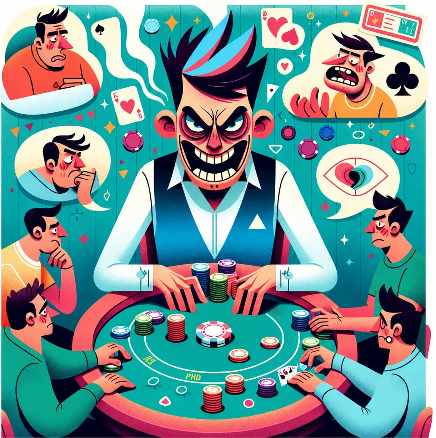 Illusterad karikatyr av en aggressiv pokerspelare vid ett bord med motståndare