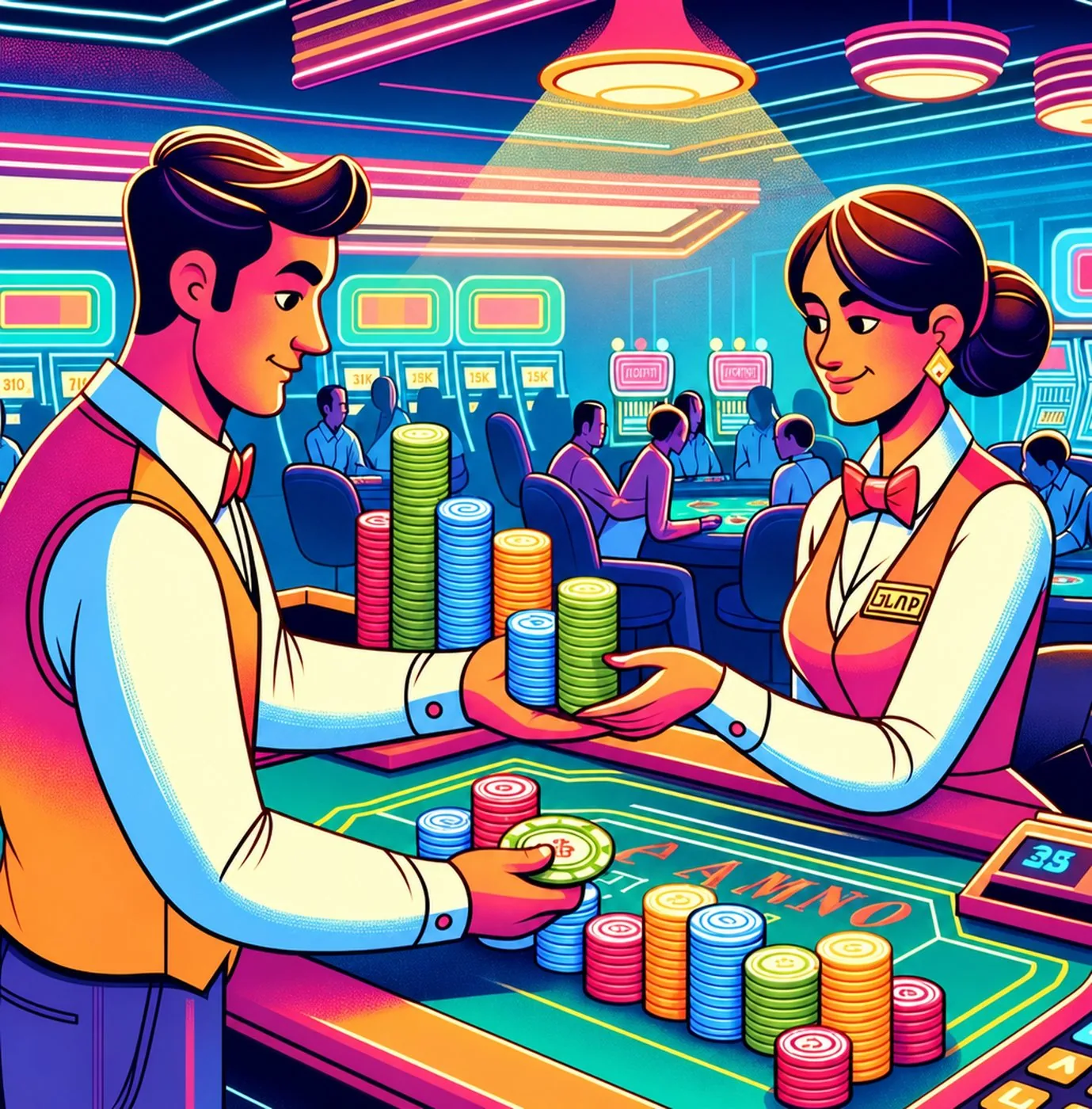Croupier och spelare utbyter färgglada pokerchips vid ett spelbord på ett kasino