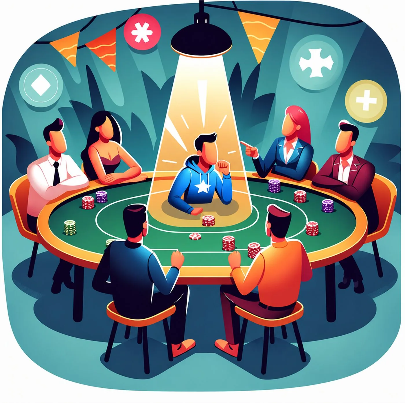 En pokerhaj sitter i en ensam ljuskägla vid ett pokerbord med motståndare