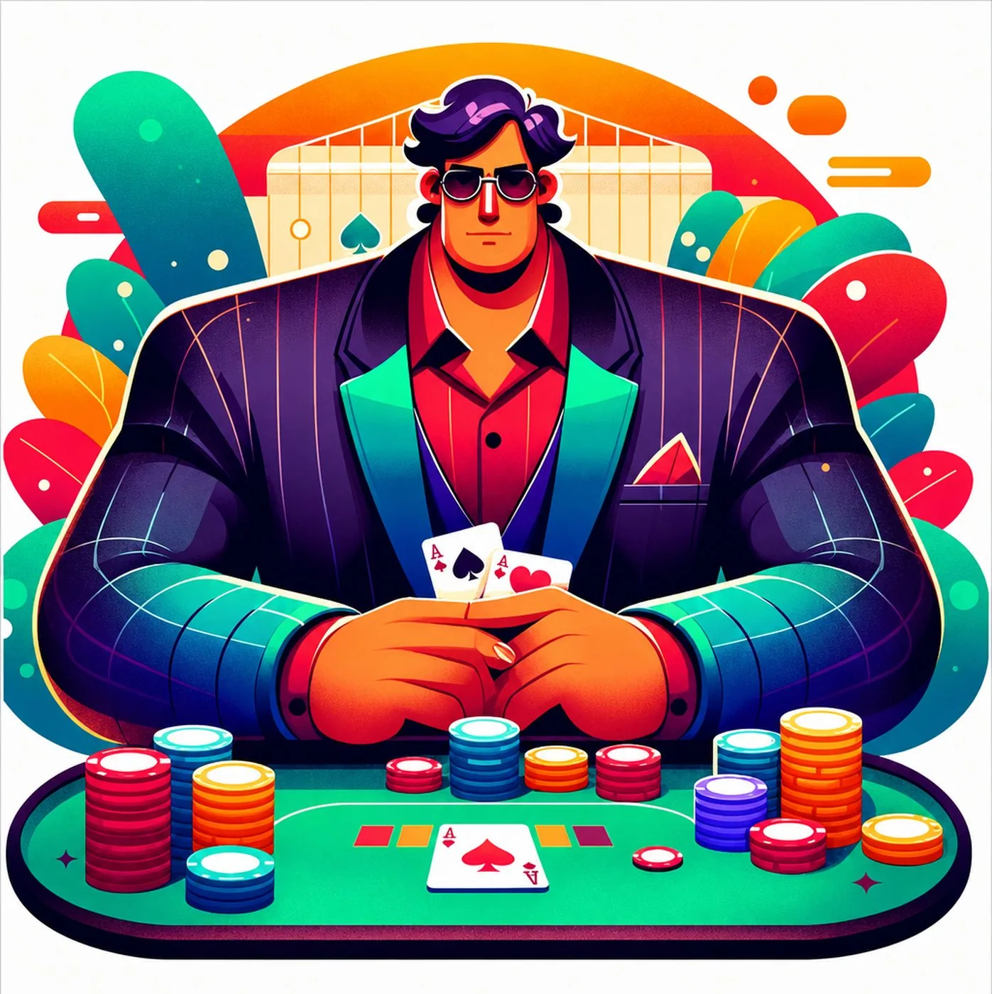 Pokerspelare i kostym med två ess på hand vid ett bord fyllt av marker
