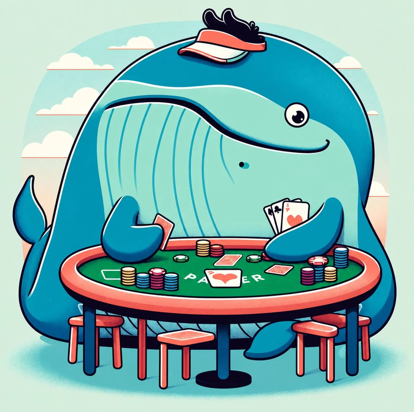 En glad blå val med solskärm sitter och spelar poker vid ett spelbord