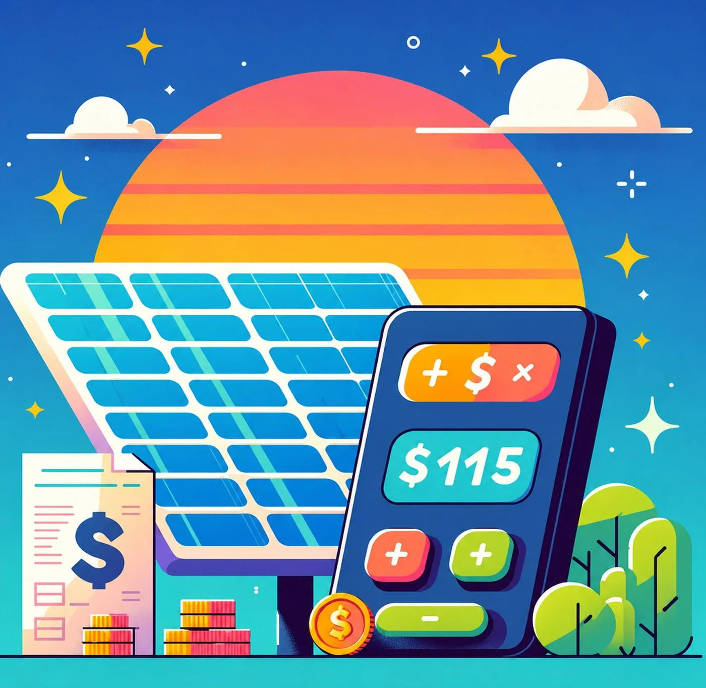 Illustration av solpanel, kalkylator och faktura under en stor sol