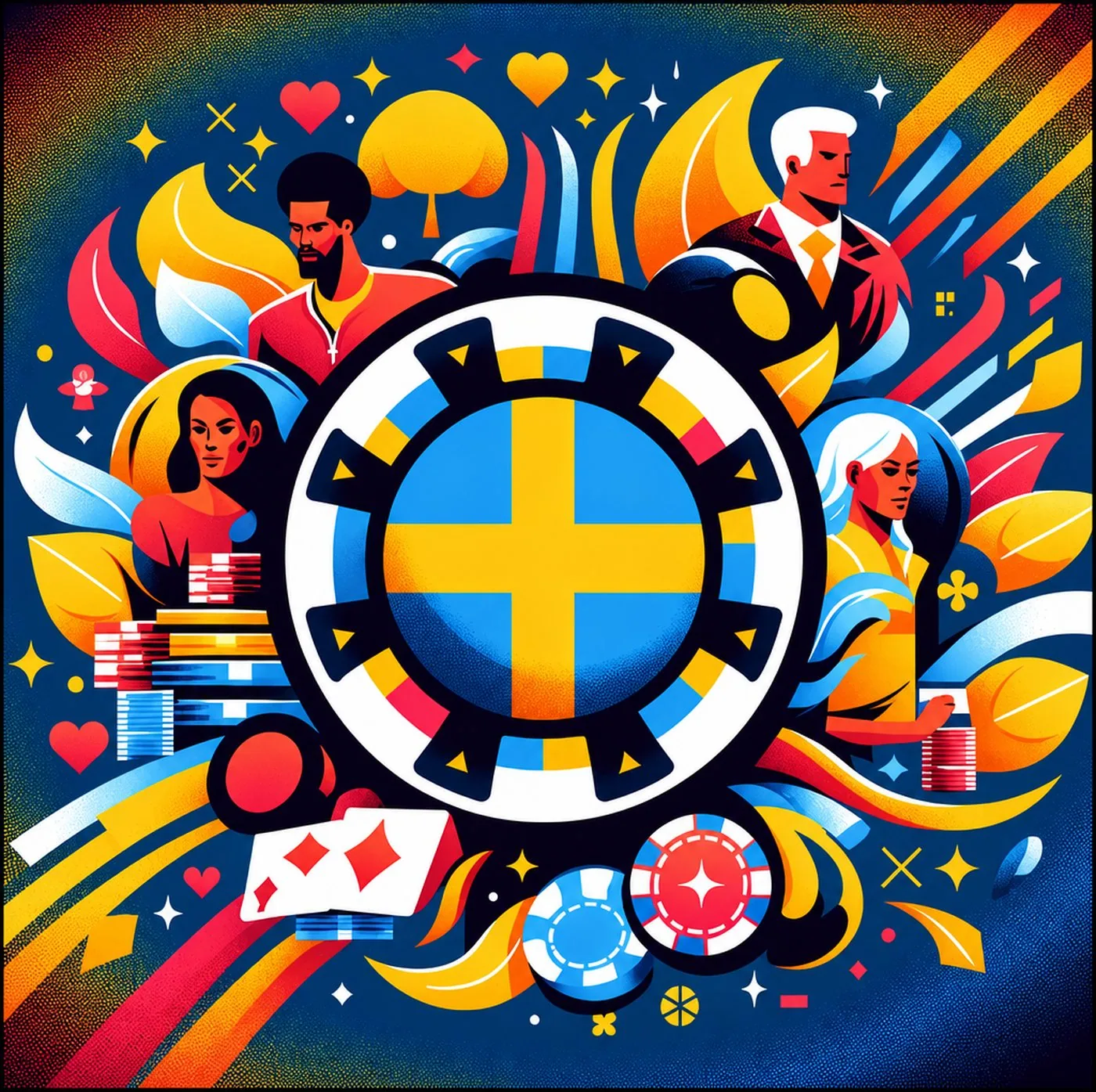 Färgstark illustration med pokerspelare, marker och symboler i svenska flaggans färger