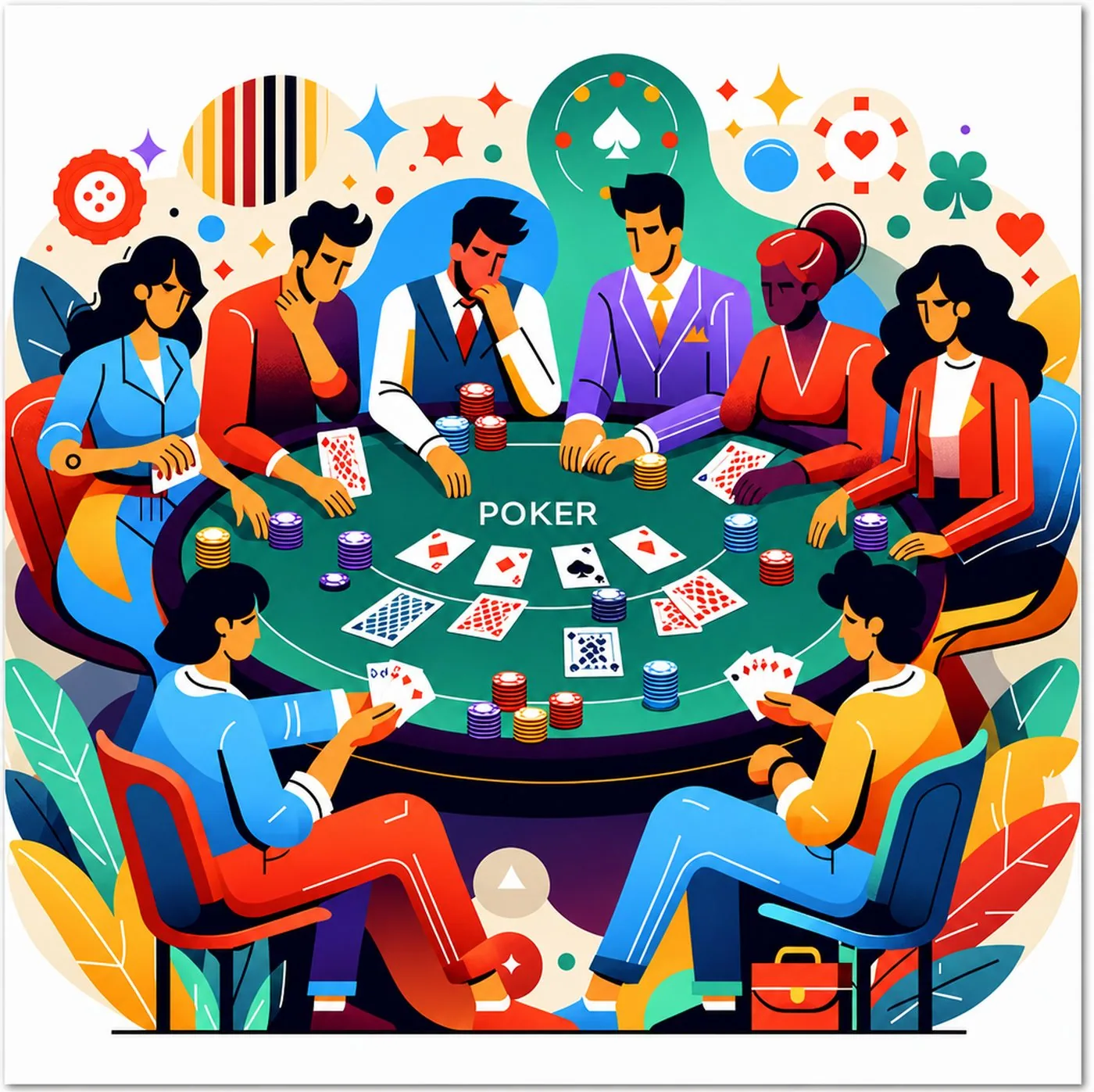 Illustration av människor som sitter runt ett pokerbord och spelar kort