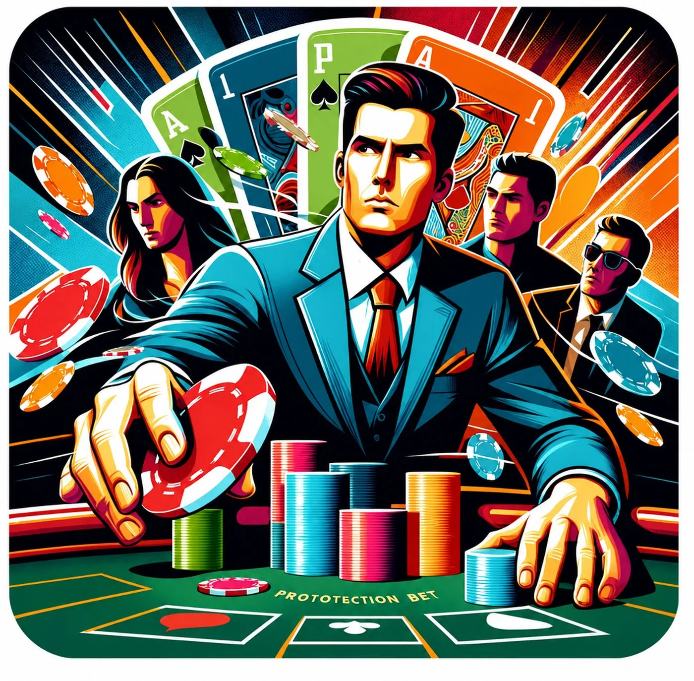 Illustration av pokerspelare i kostym som gör en insats vid ett spelbord
