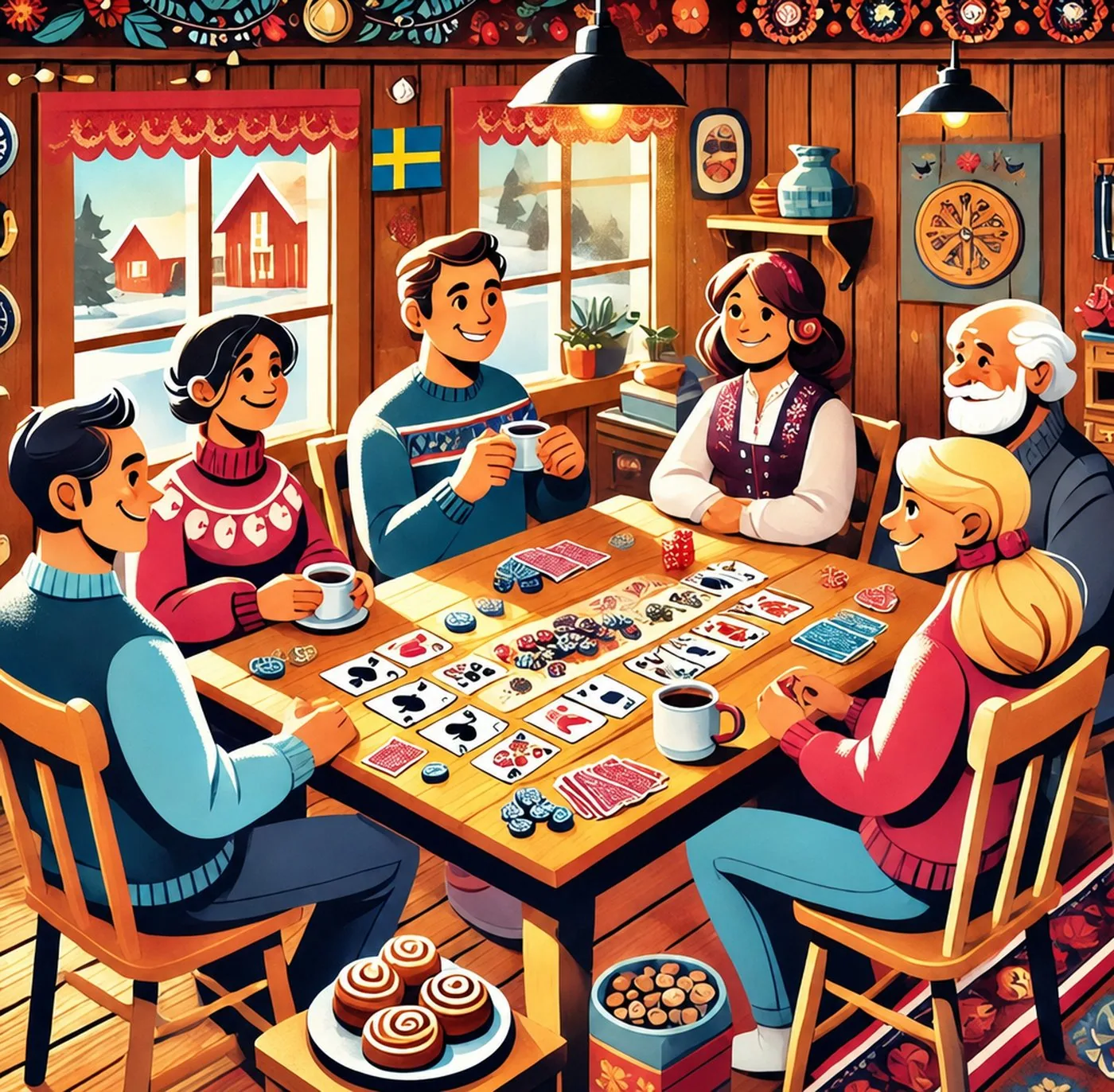 Glad grupp som spelgrupp som sitter kring ett bord och spelar kort i en stuga