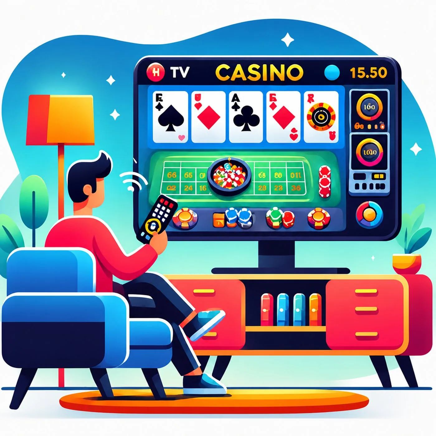 Person i en fåtölj som använder fjärrkontroll för att spela casinospel på sin TV