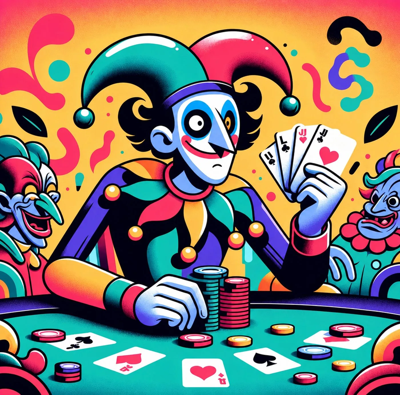 Färgglad illustration av en joker som spelar poker vid ett spelbord