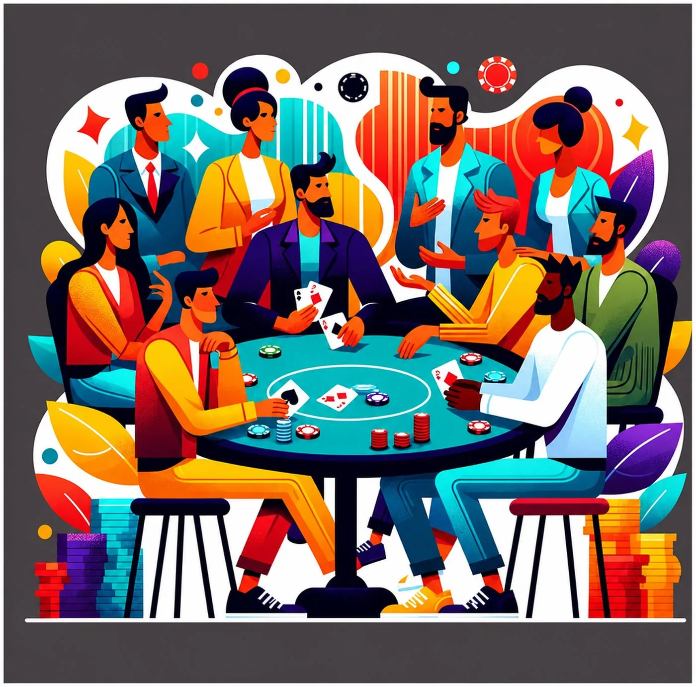 Illustration av människor som spelar poker och samtalar runt ett spelbord