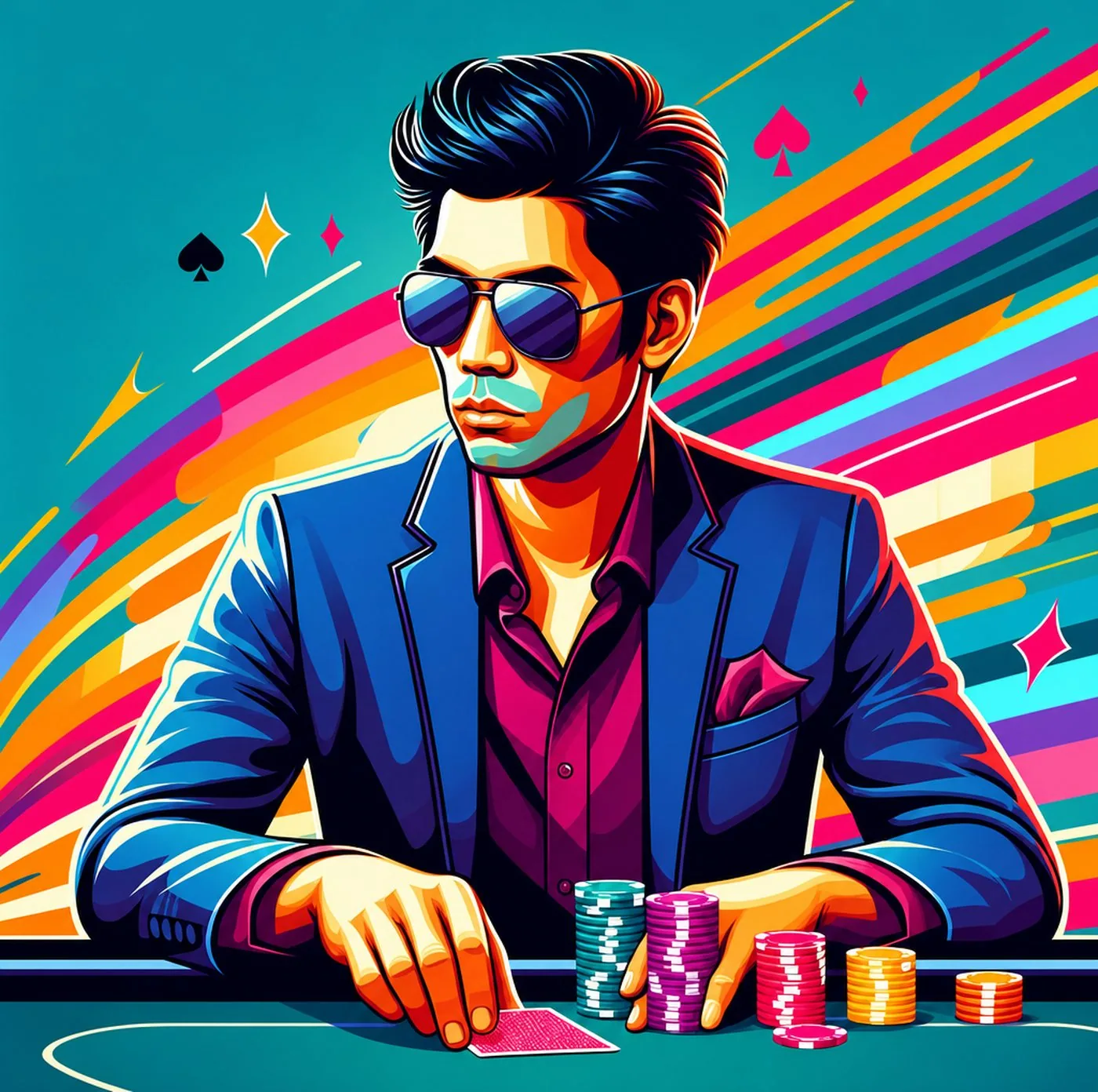 Stiliserad illustration av en pokerspelare i kostym och solglasögon vid ett spelbord