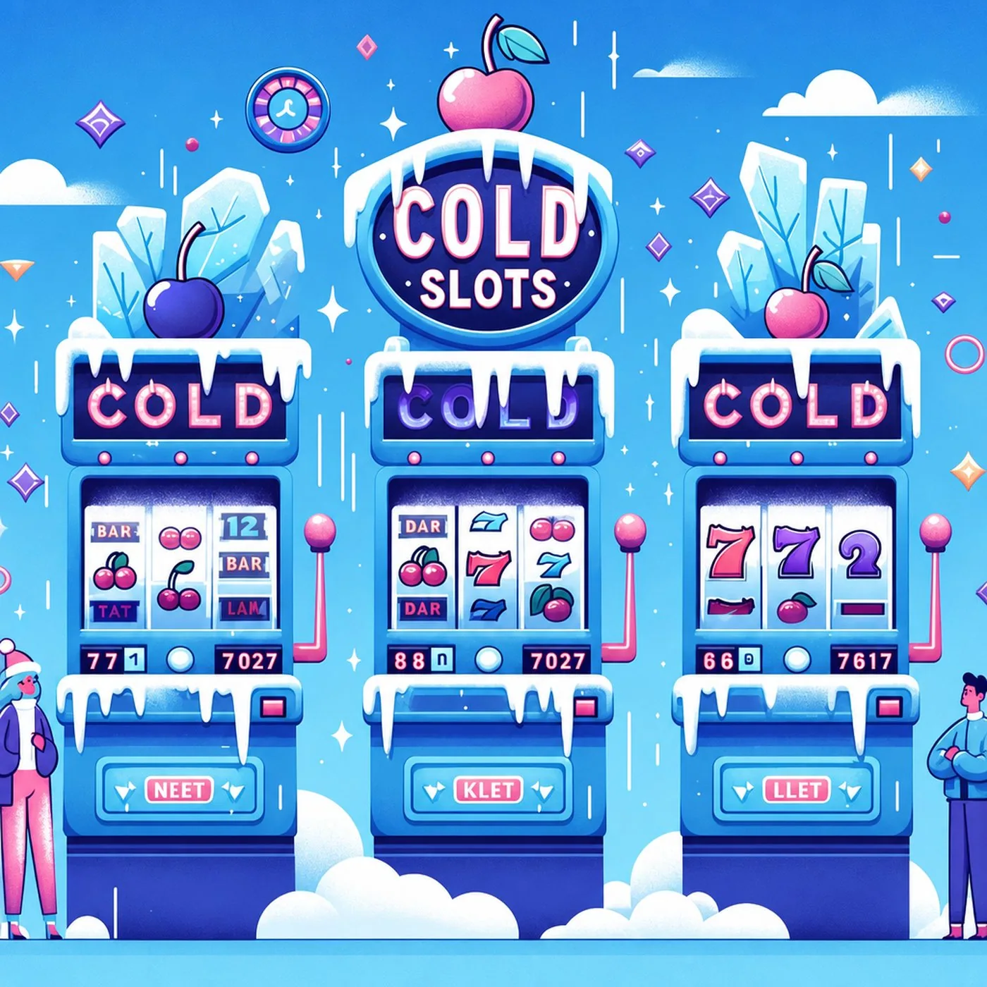 Illustration av tre spelautomater täckta av is och snö i ett vinterlandskap