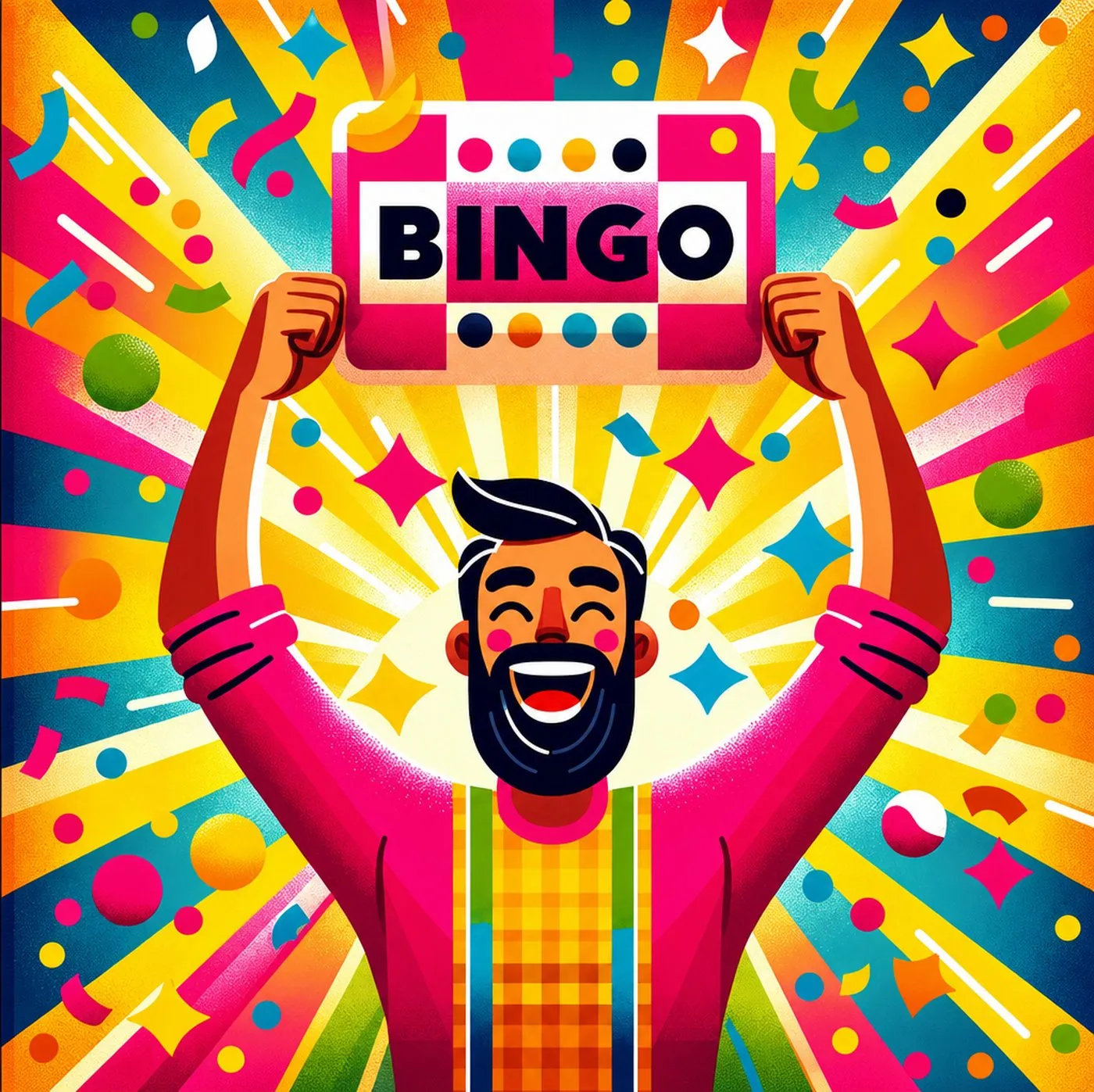 Glad person med skägg firar vinst genom att hålla upp en bingobricka
