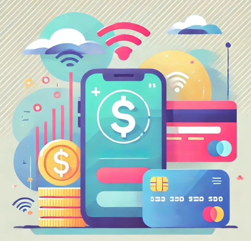 Illustration av en mobiltelefon, kreditkort och mynt som symboliserar digitala finansiella tjänster