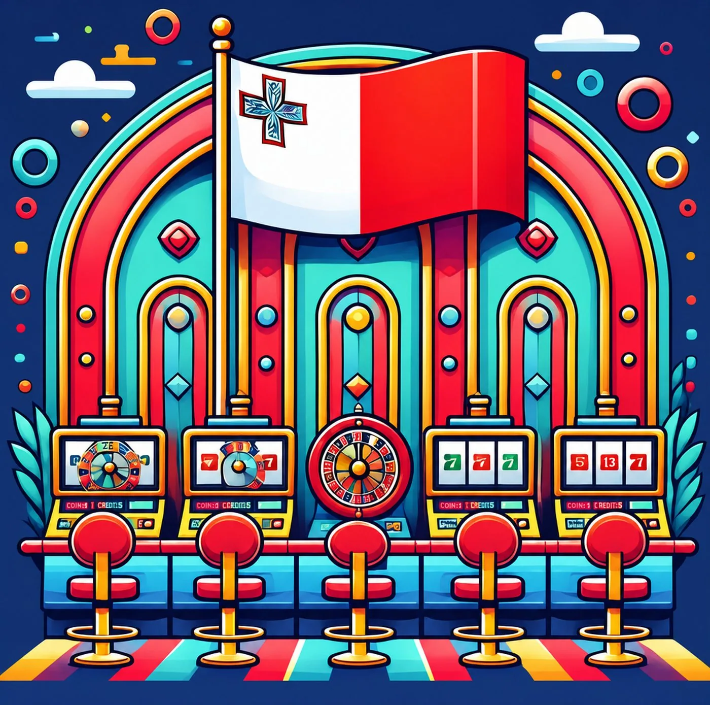 Färgglad illustration av spelautomater och Maltas flagga i en casinomiljö