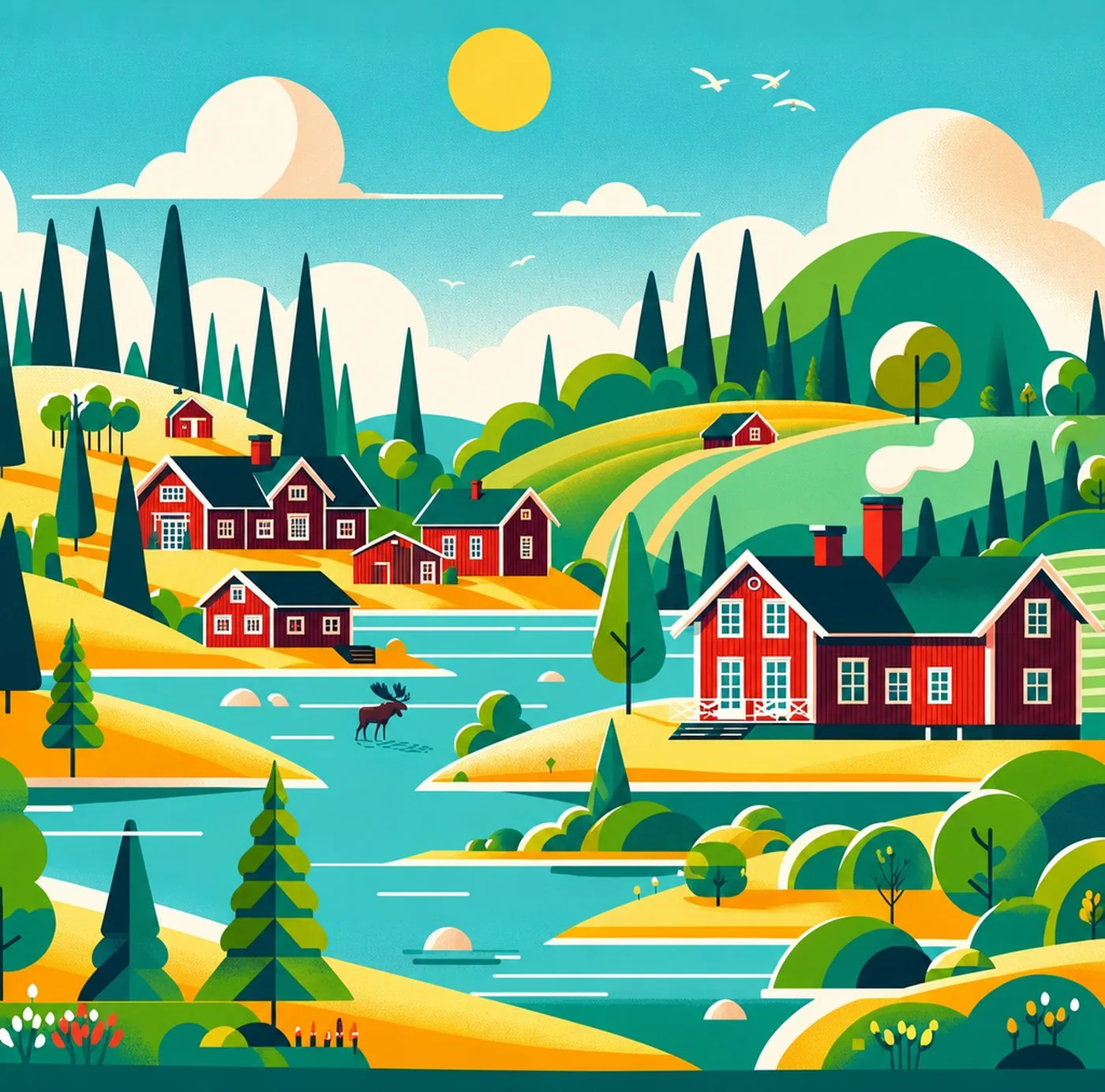 Färgglad illustration av röda stugor i ett böljande svenskt landskap med en älg vid vattnet