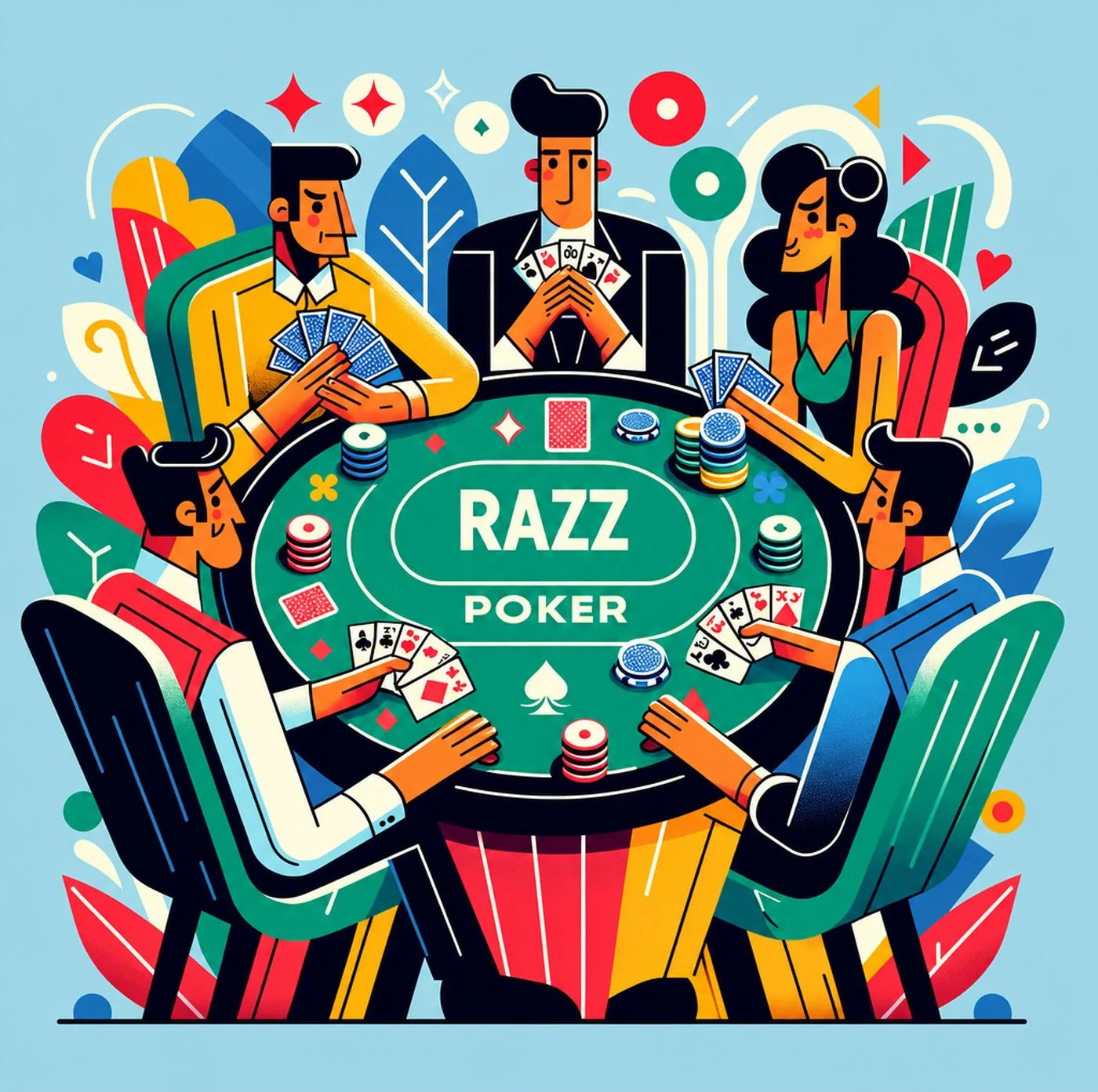 Färgstark illustration av fyra personer som spelar poker runt ett grönt bord