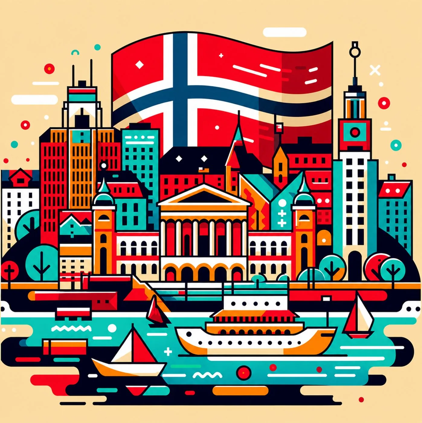 Stiliserad illustration av en stadssiluett med norsk flagga och båtar i vattnet