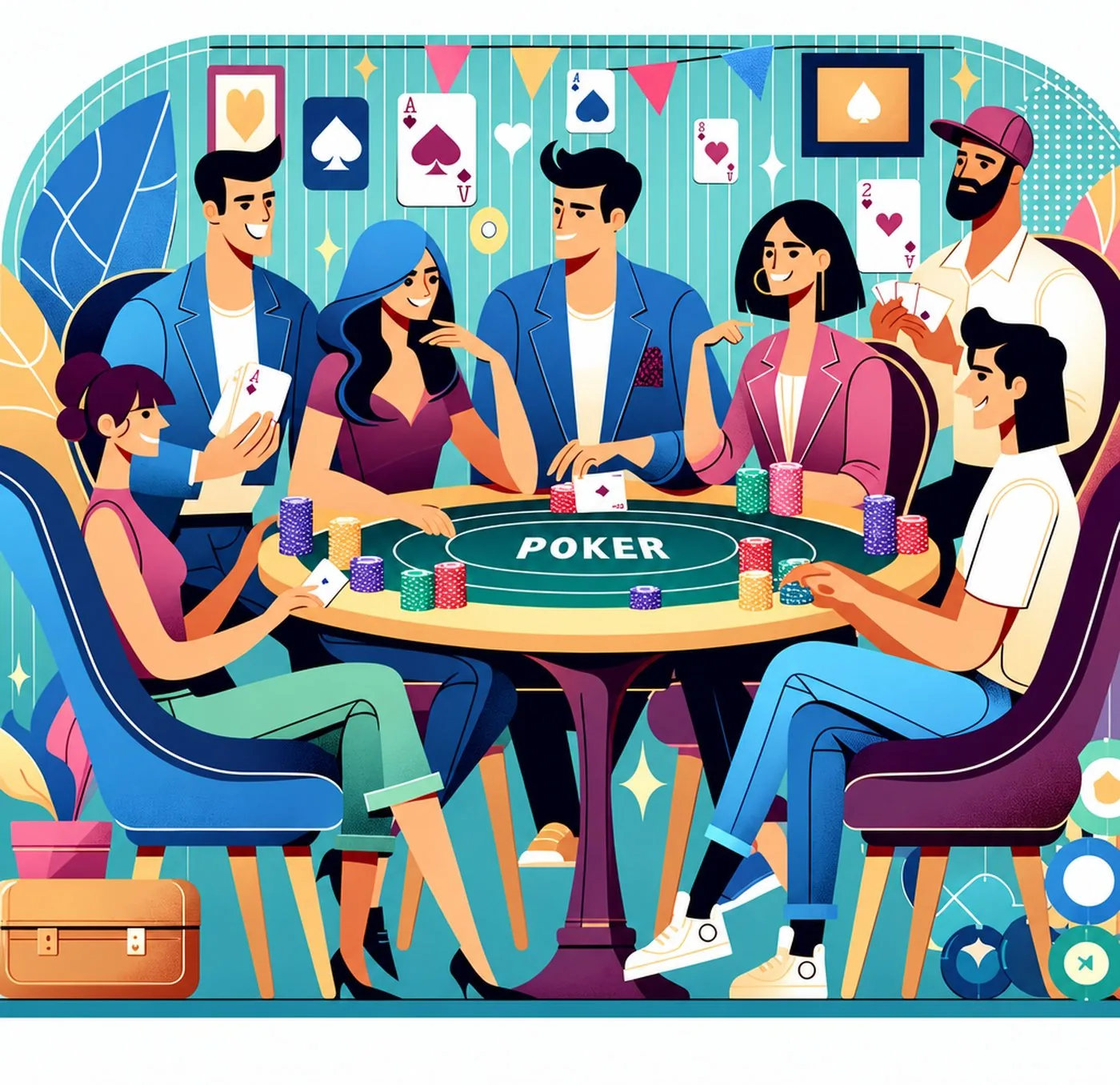 En grupp människor som spelar poker vid ett runt spelbord med kort och marker
