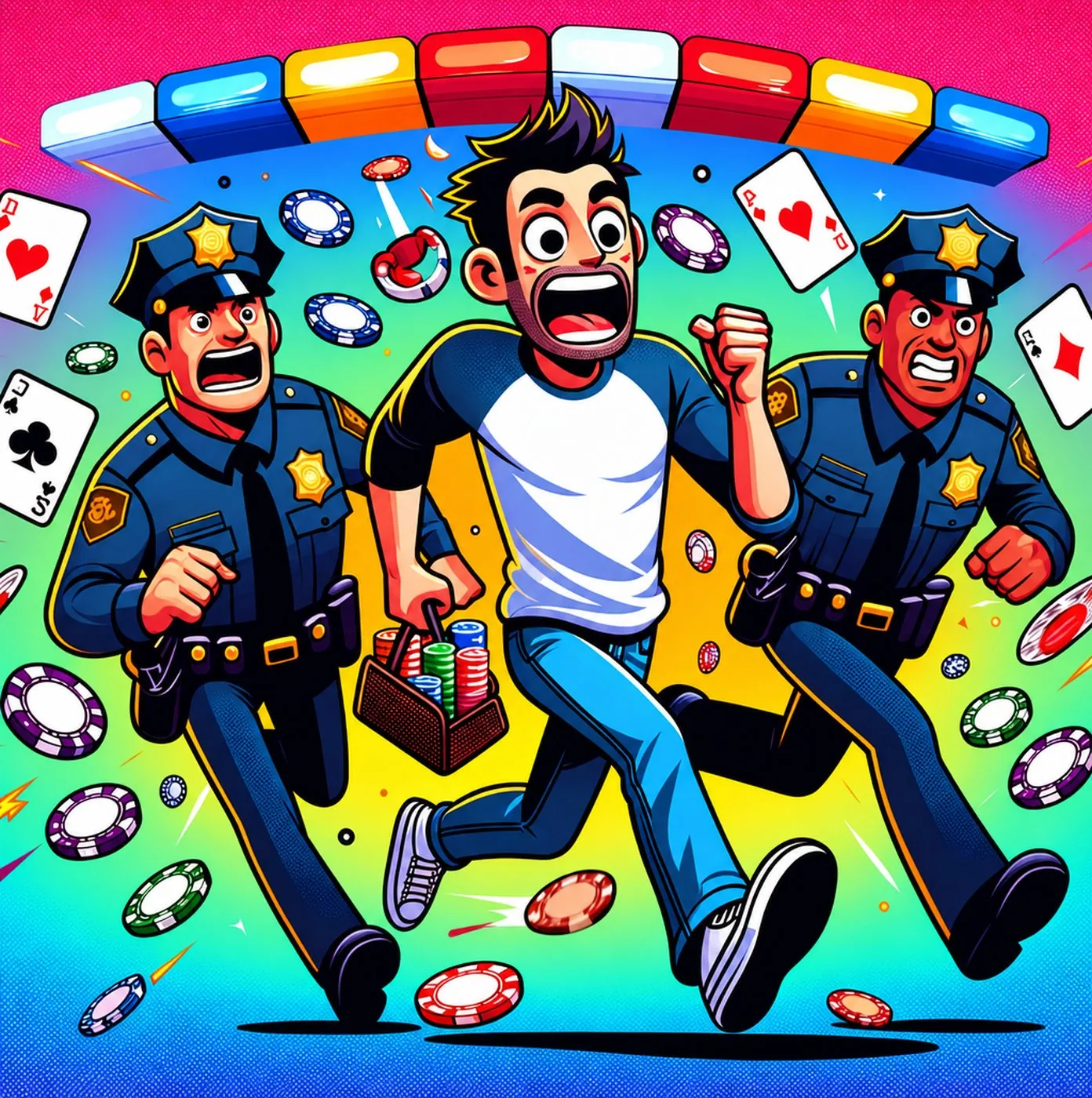 Tecknad man med pokerchips som springer från två poliser