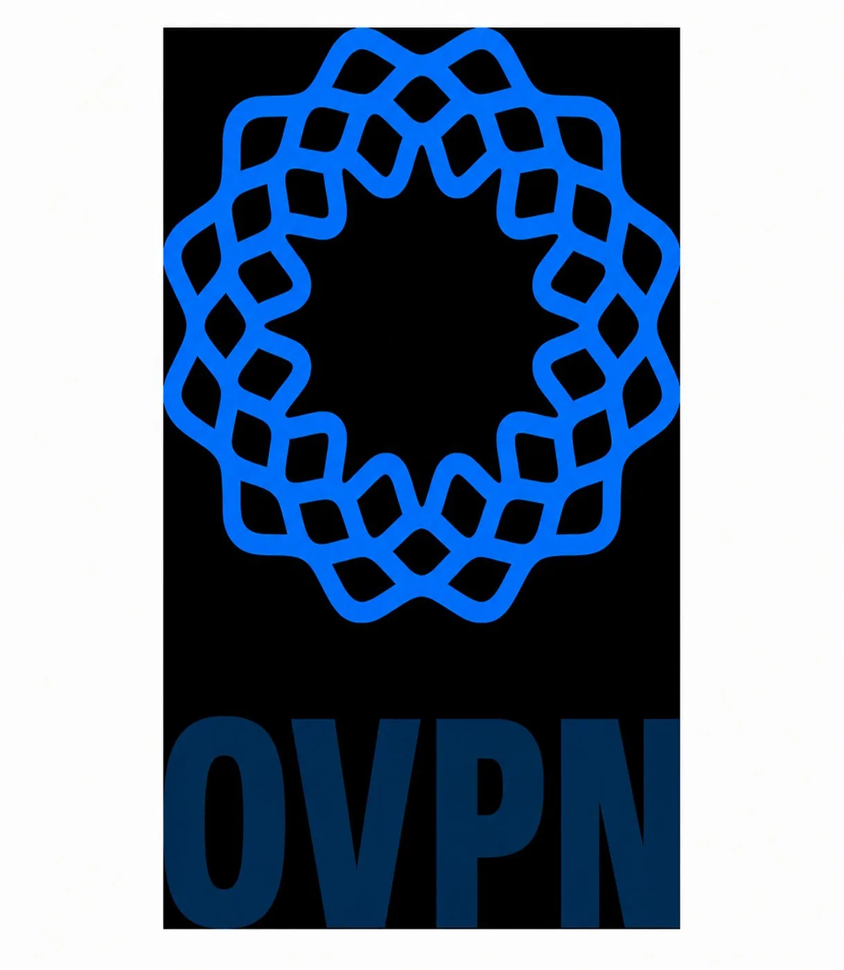 Logotyp för OVPN med en stiliserad blå symbol och företagets namn