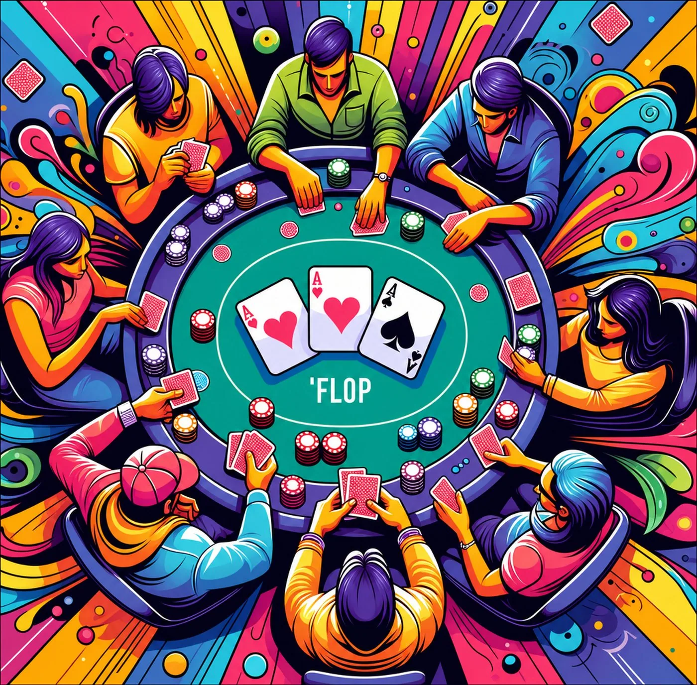 Färgglad illustration av en grupp människor runt ett pokerbord med tre öppna kort