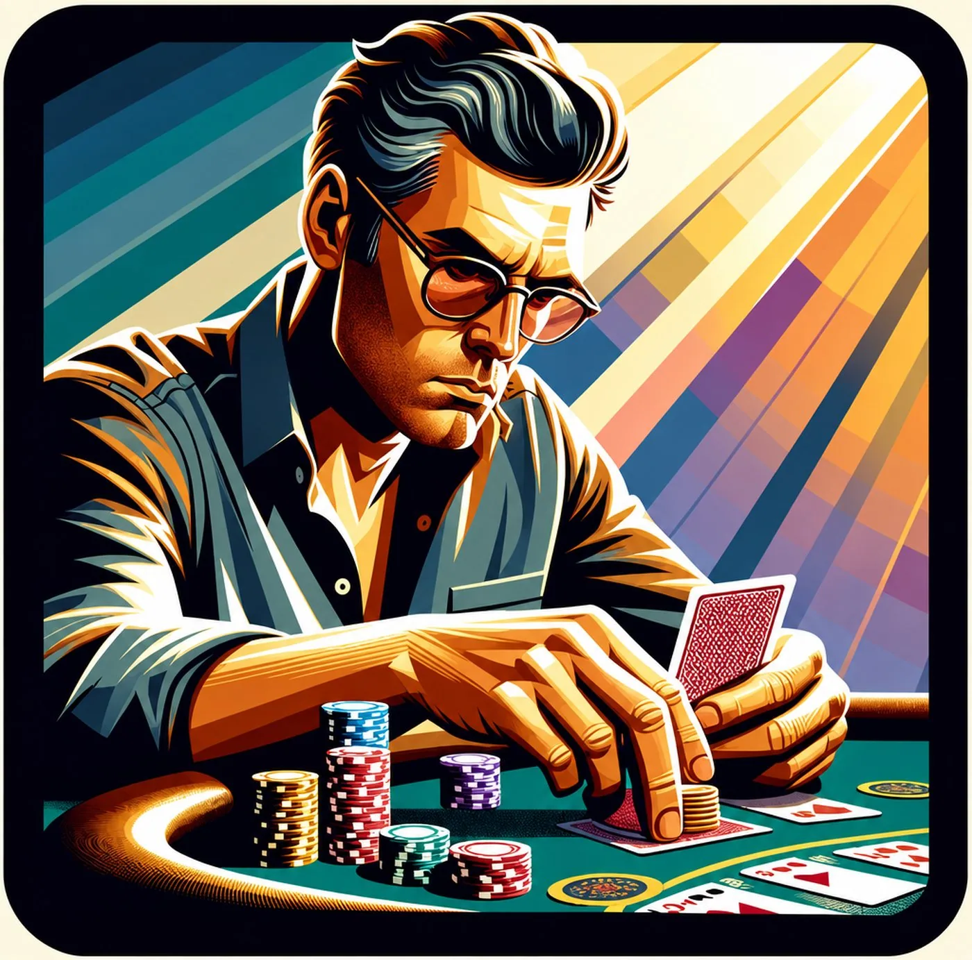 Man i glasögon som koncentrerat spelar poker vid ett bord med marker