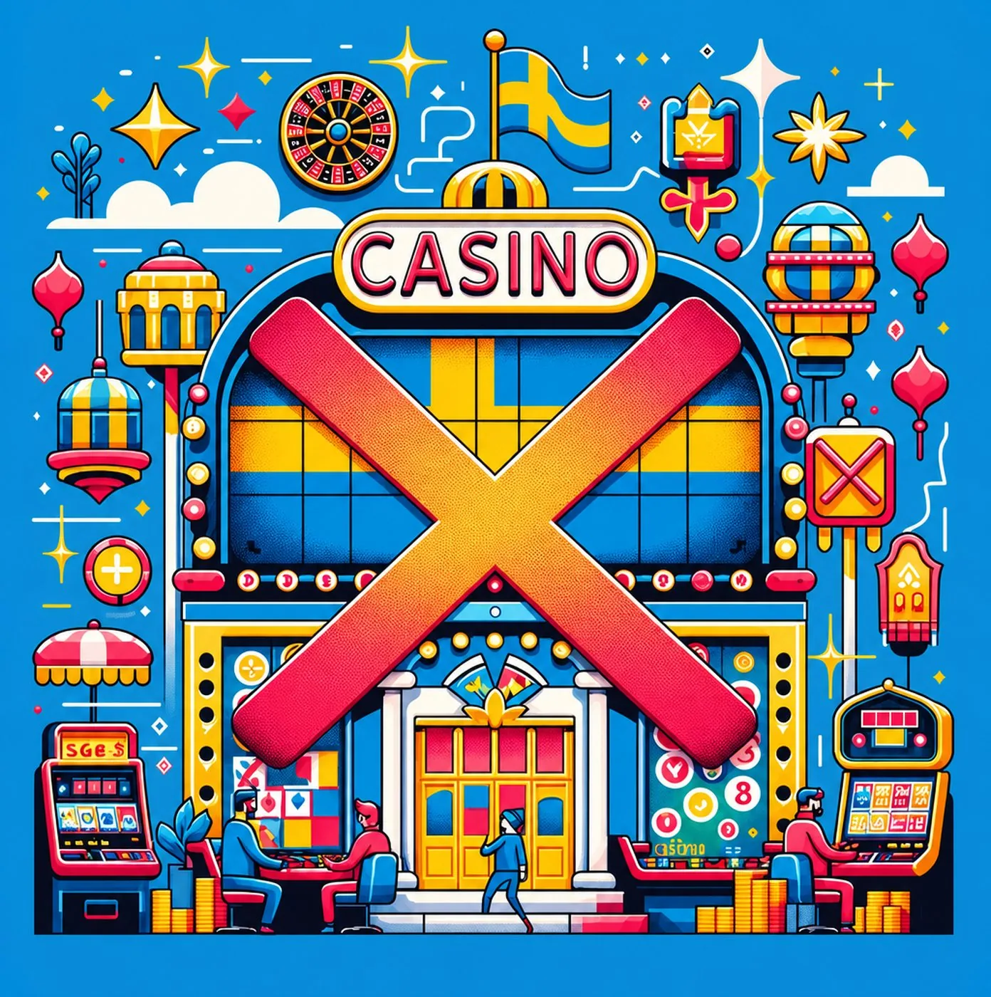 Illustration av en casinobyggnad med svensk flagga och ett stort rött kryss över