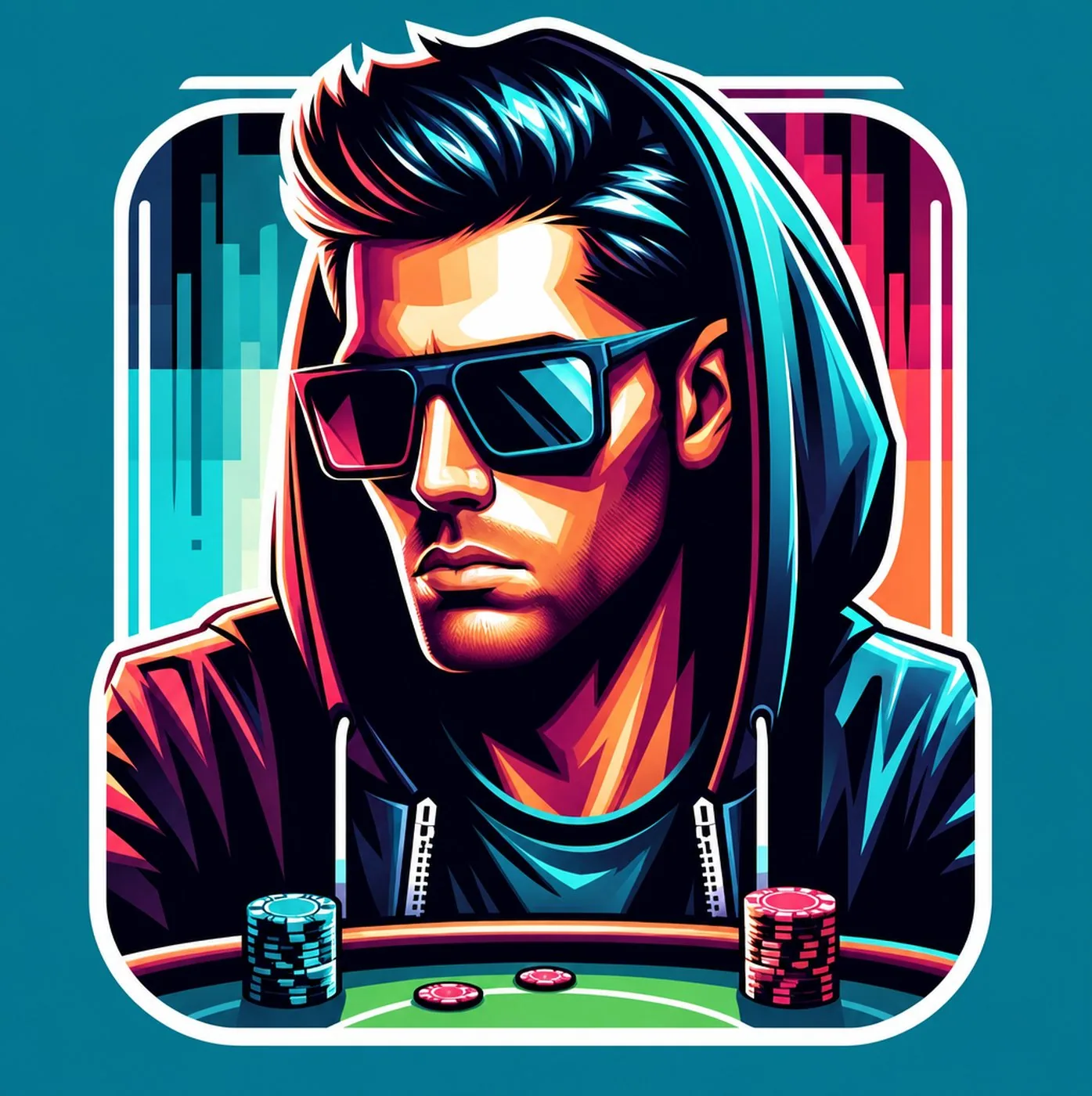 Färgglad illustration av en pokerspelare i huvtröja och solglasögon vid ett spelbord