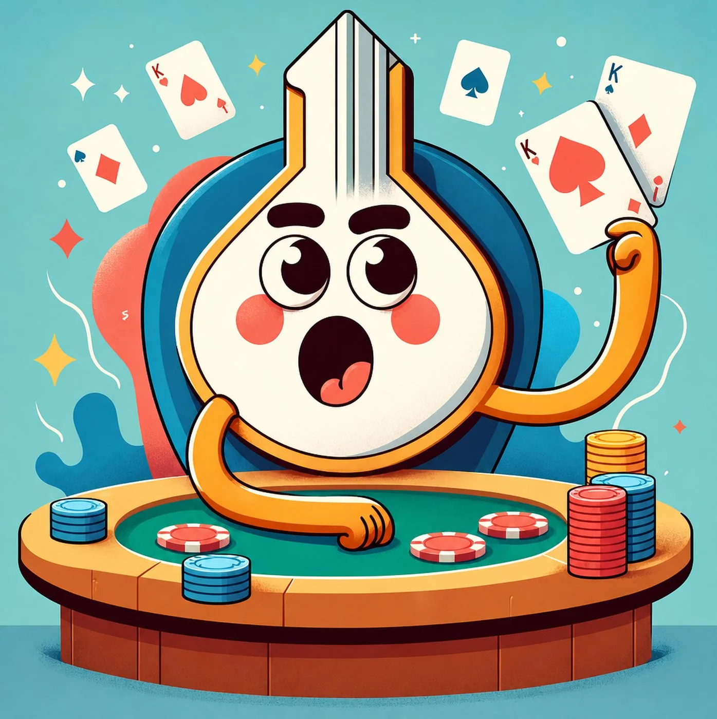 En animerad nyckelfigur som överraskat håller i pokerkort vid ett spelbord