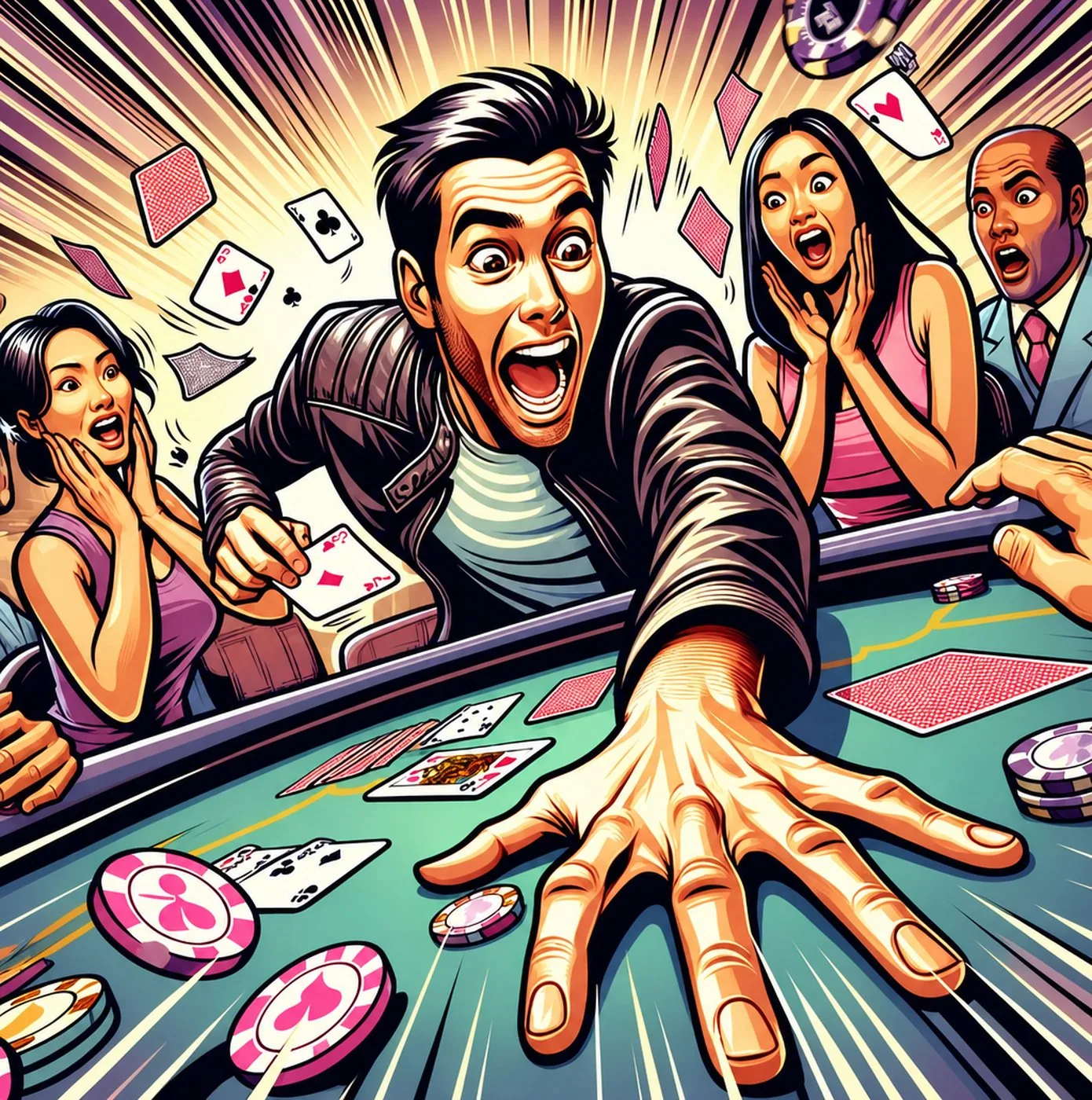 Man som entusiastiskt kastar fram marker vid ett pokerbord med överraskade motspelare
