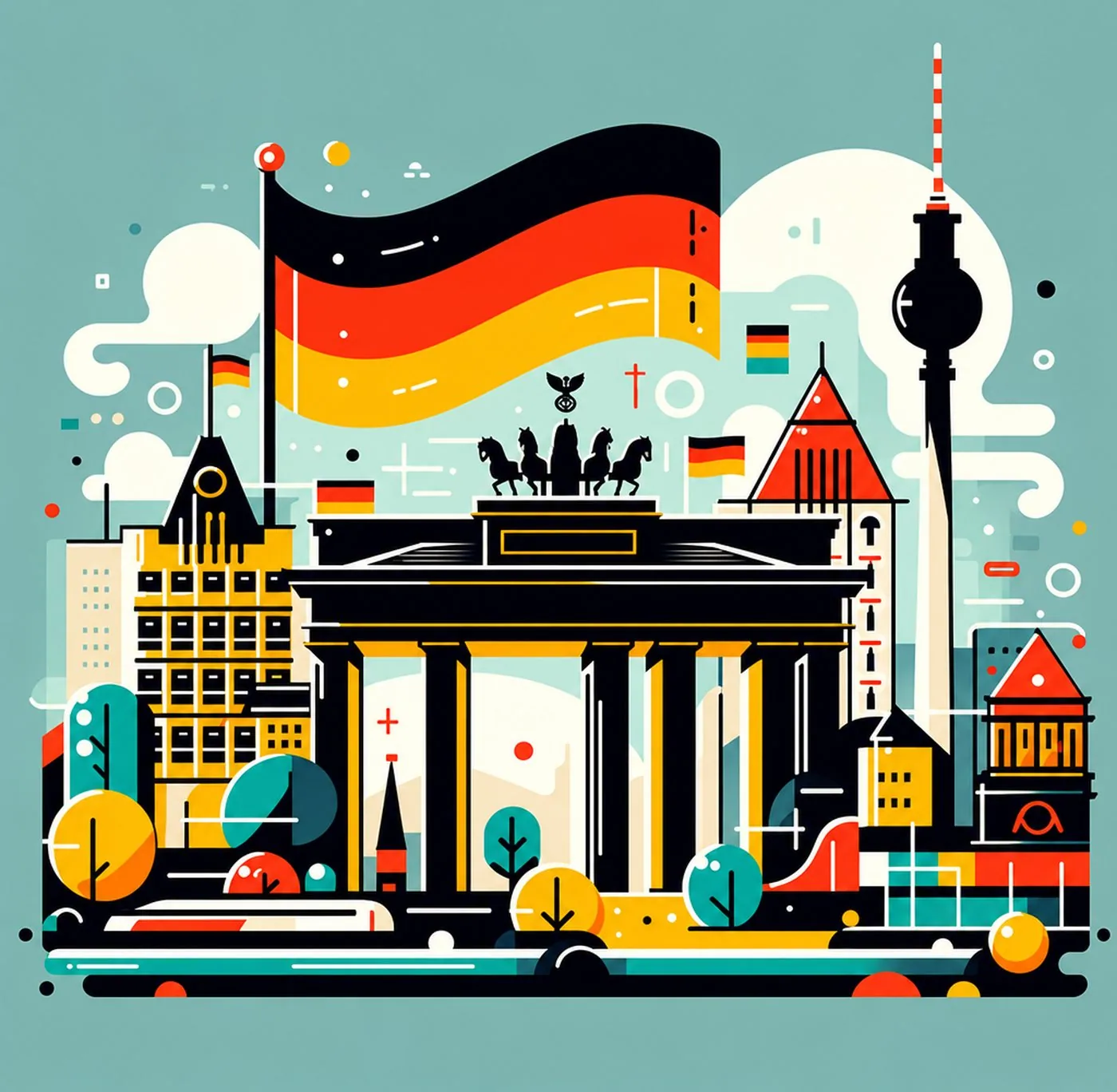 Stiliserad illustration av Brandenburger Tor och Berlins tv-torn med tysk flagga