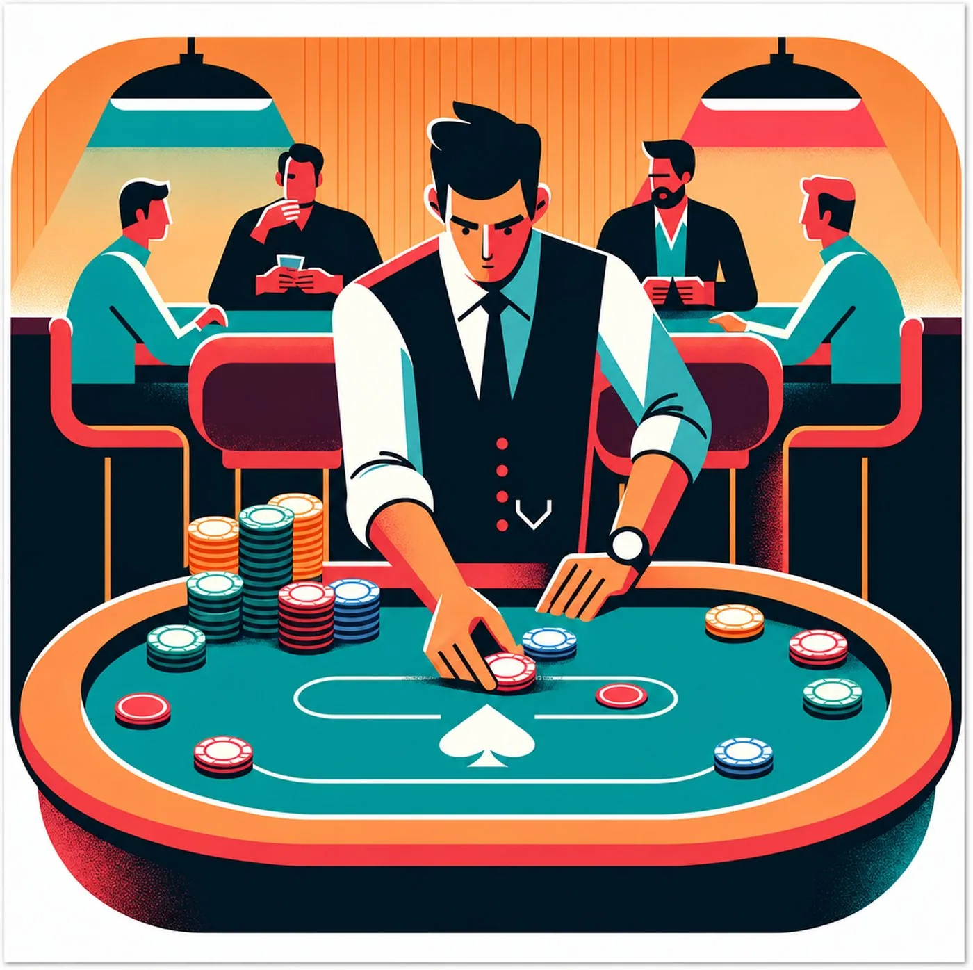 Dealer vid ett pokertbord som hanterar marker under en pågående spelomgång