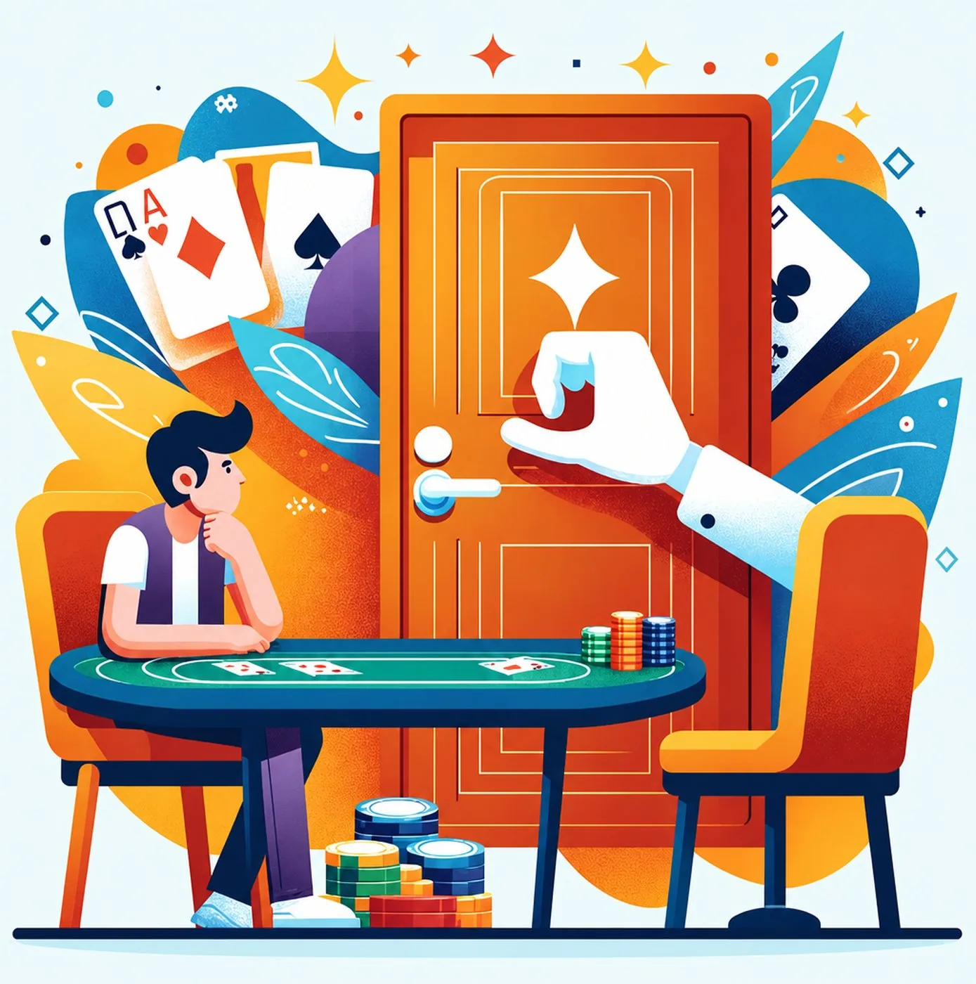 En pokerspelare vid ett bord framför en stängd dörr med en jättehand som knackar