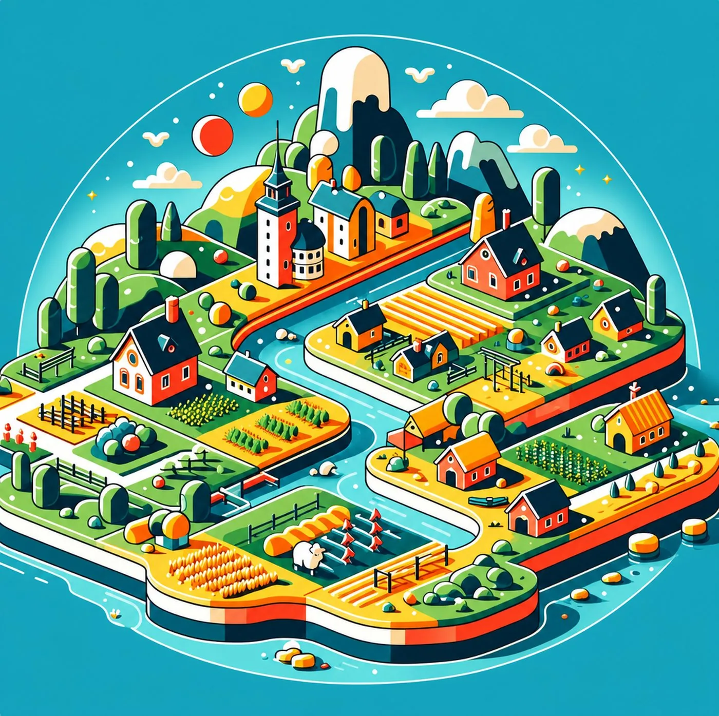 Färgstark illustration av en liten by med hus, åkrar och berg i miniatyr