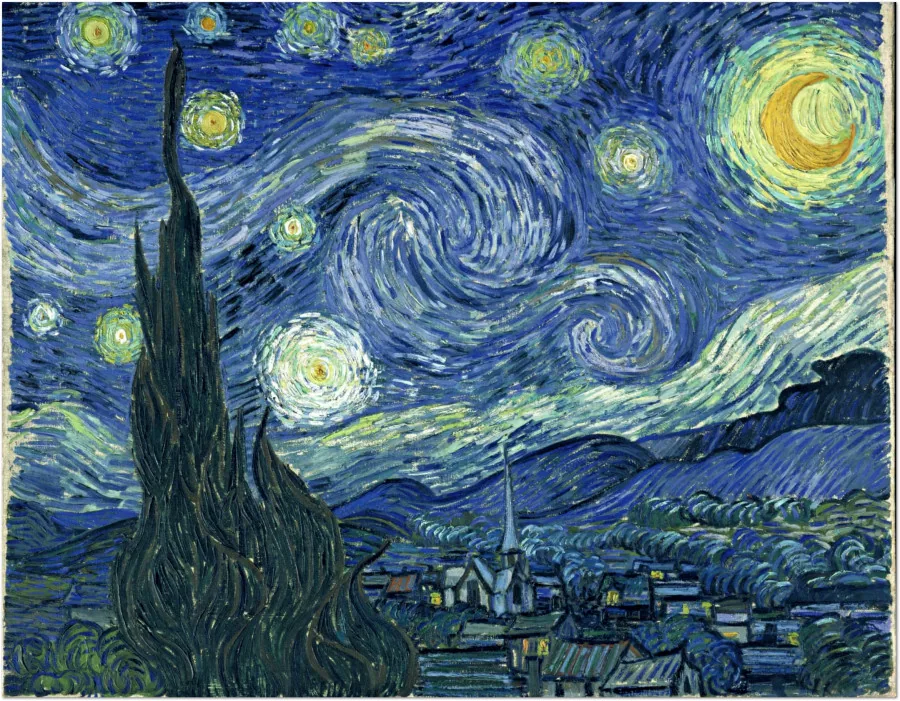 Vincent van Goghs målning föreställande en virvlande natthimmel över en liten by