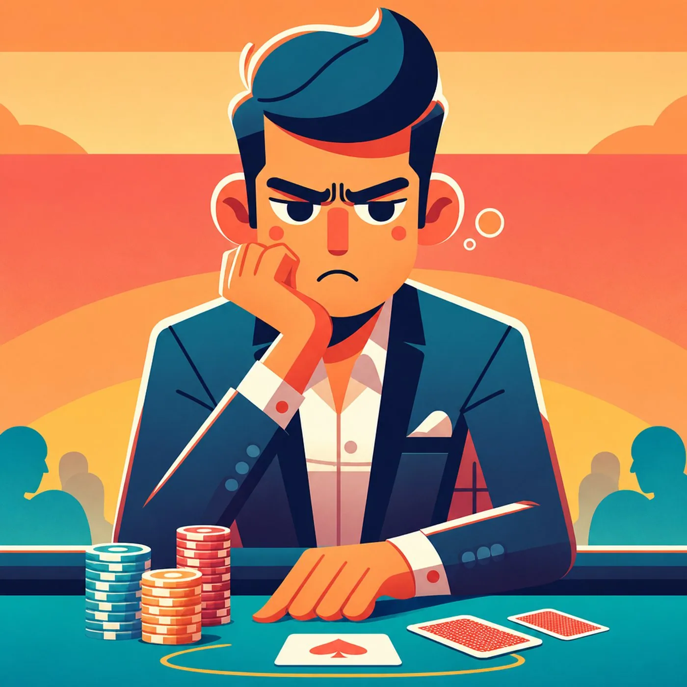 En irriterad man i kostym sitter vid ett pokerbord med marker och spelkort