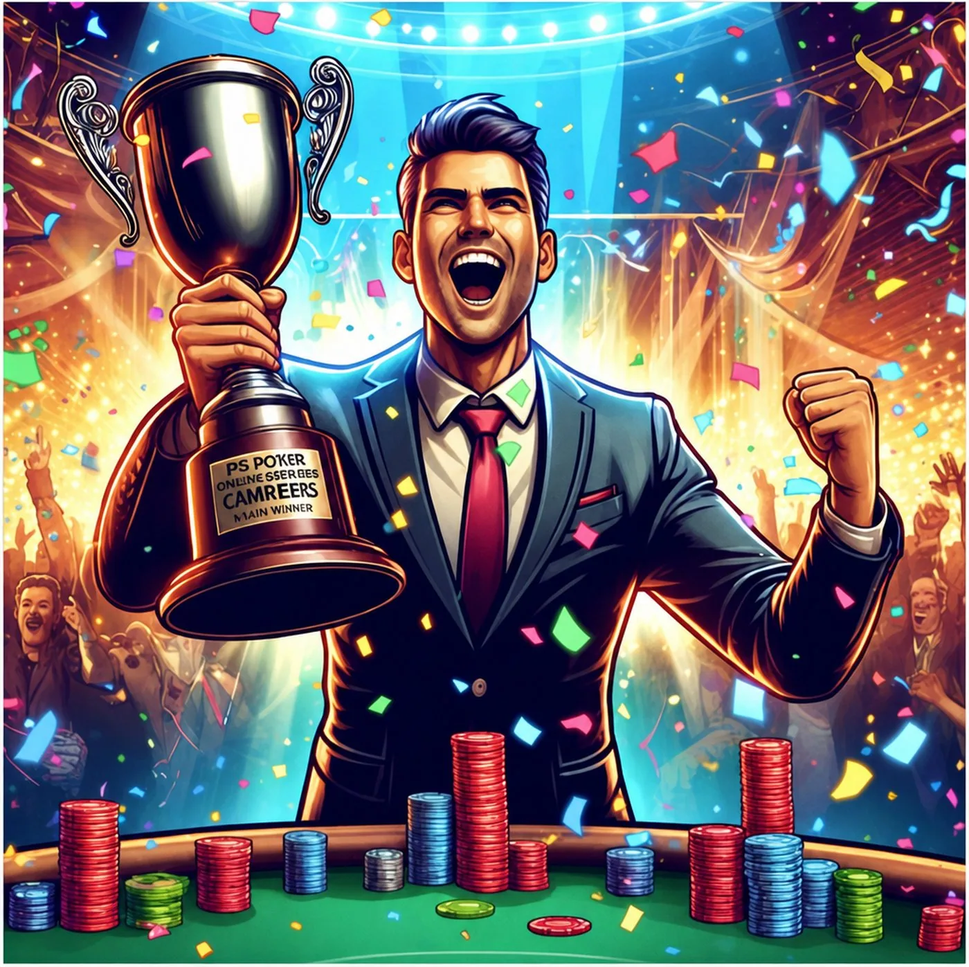 Glad pokerspelare i kostym firar vinst med pokal och marker på spelbord