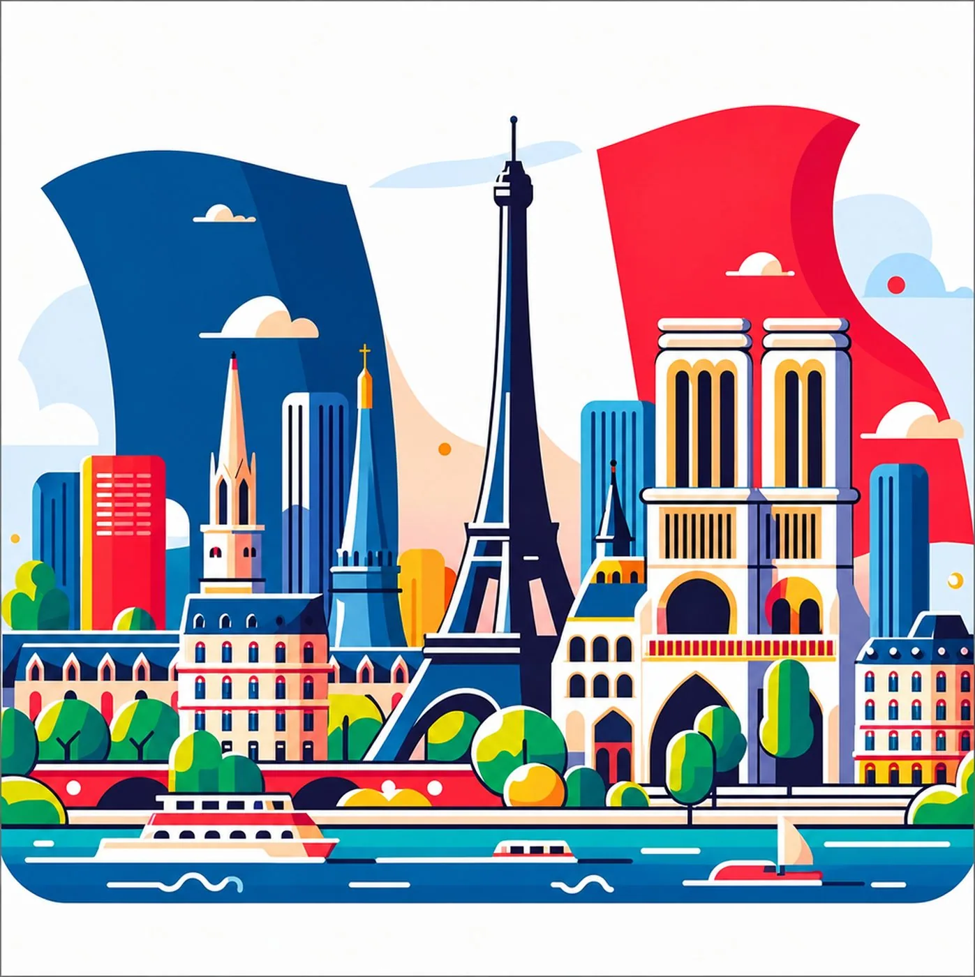 Illustration av Paris stadsbild med Eiffeltornet och Notre-Dame mot en fransk flagga