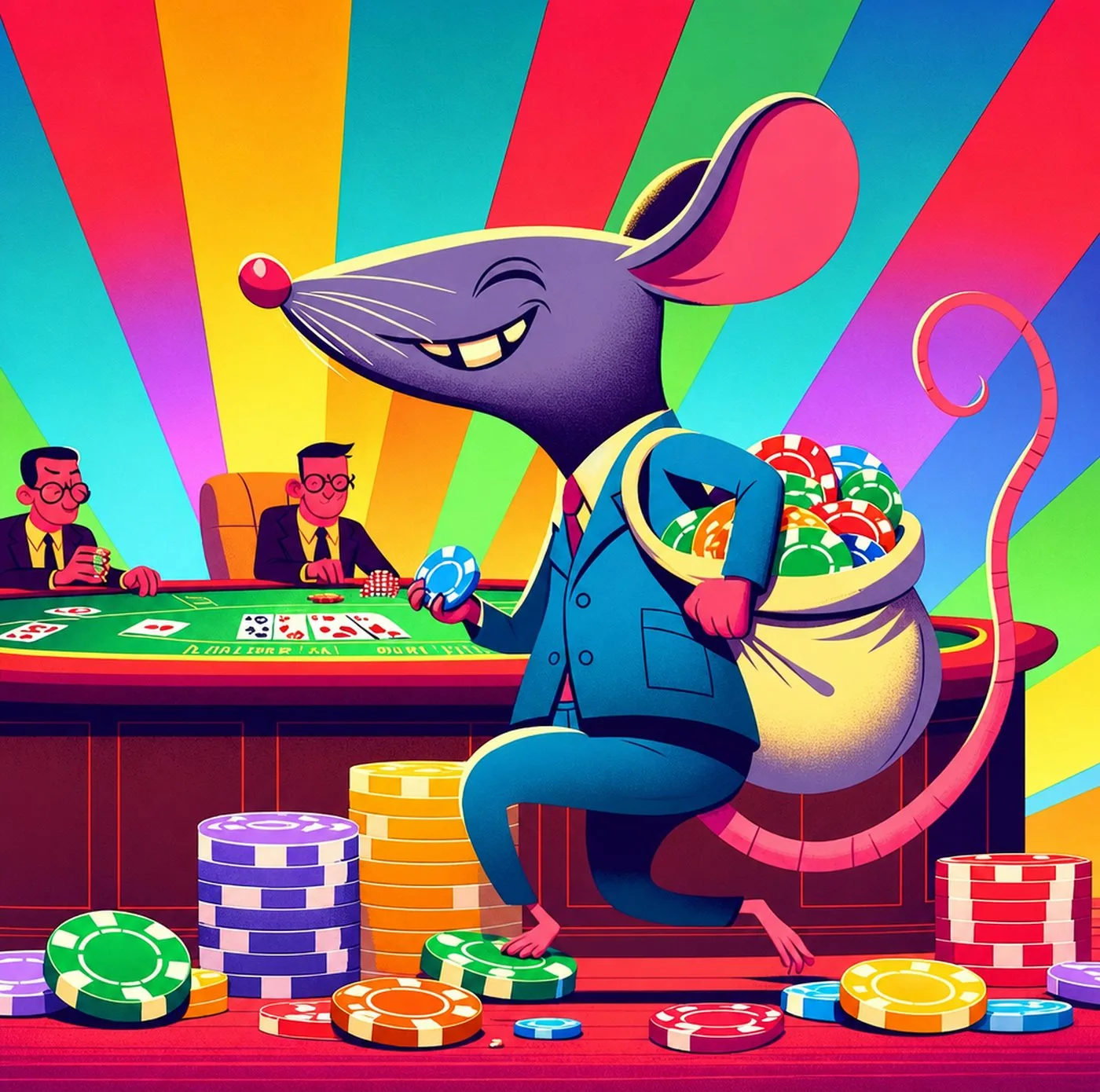Tecknad mus i kostym som bär en säck fylld med pokermarker