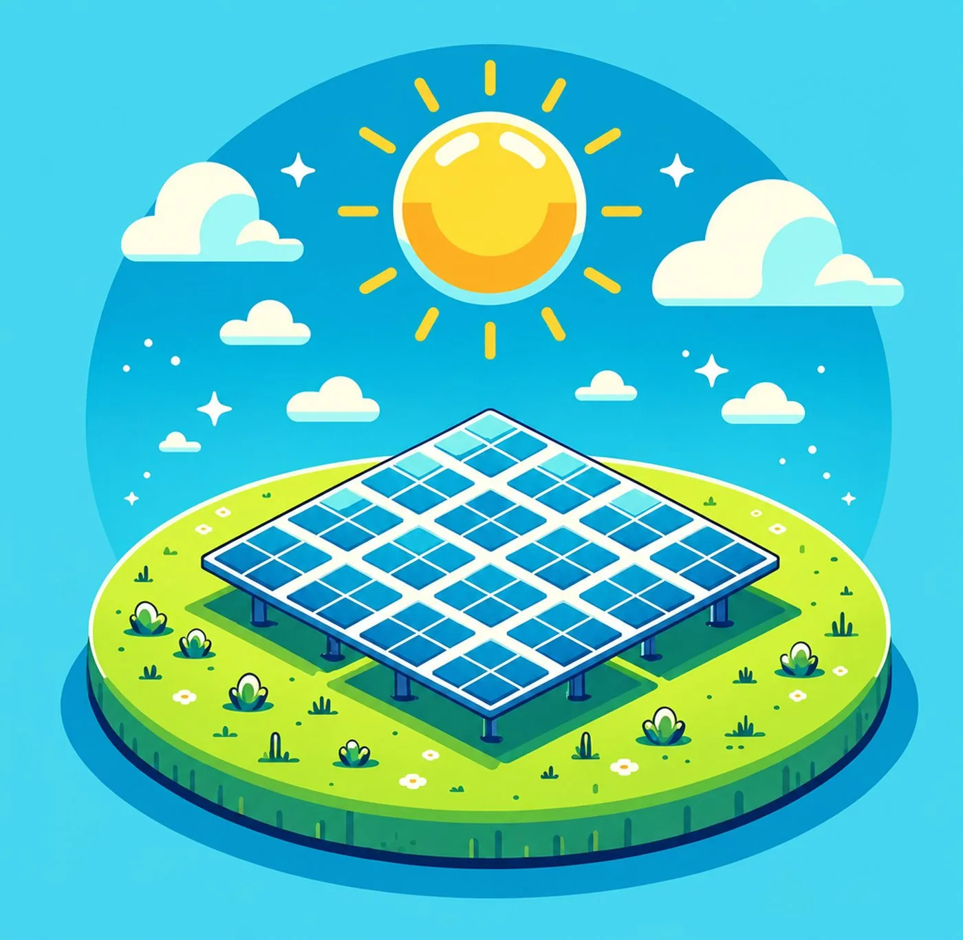 Illustration av solcellspaneler placerade på en grön äng under en solig himmel