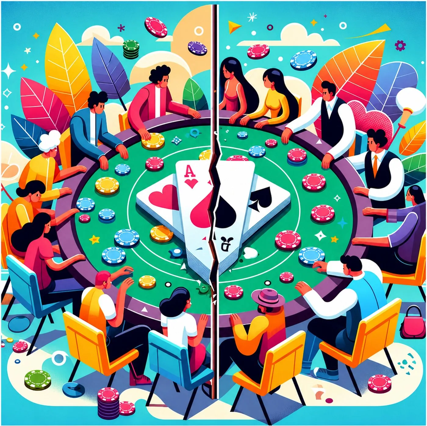 Illustration av människor som spelar poker vid ett delat bord