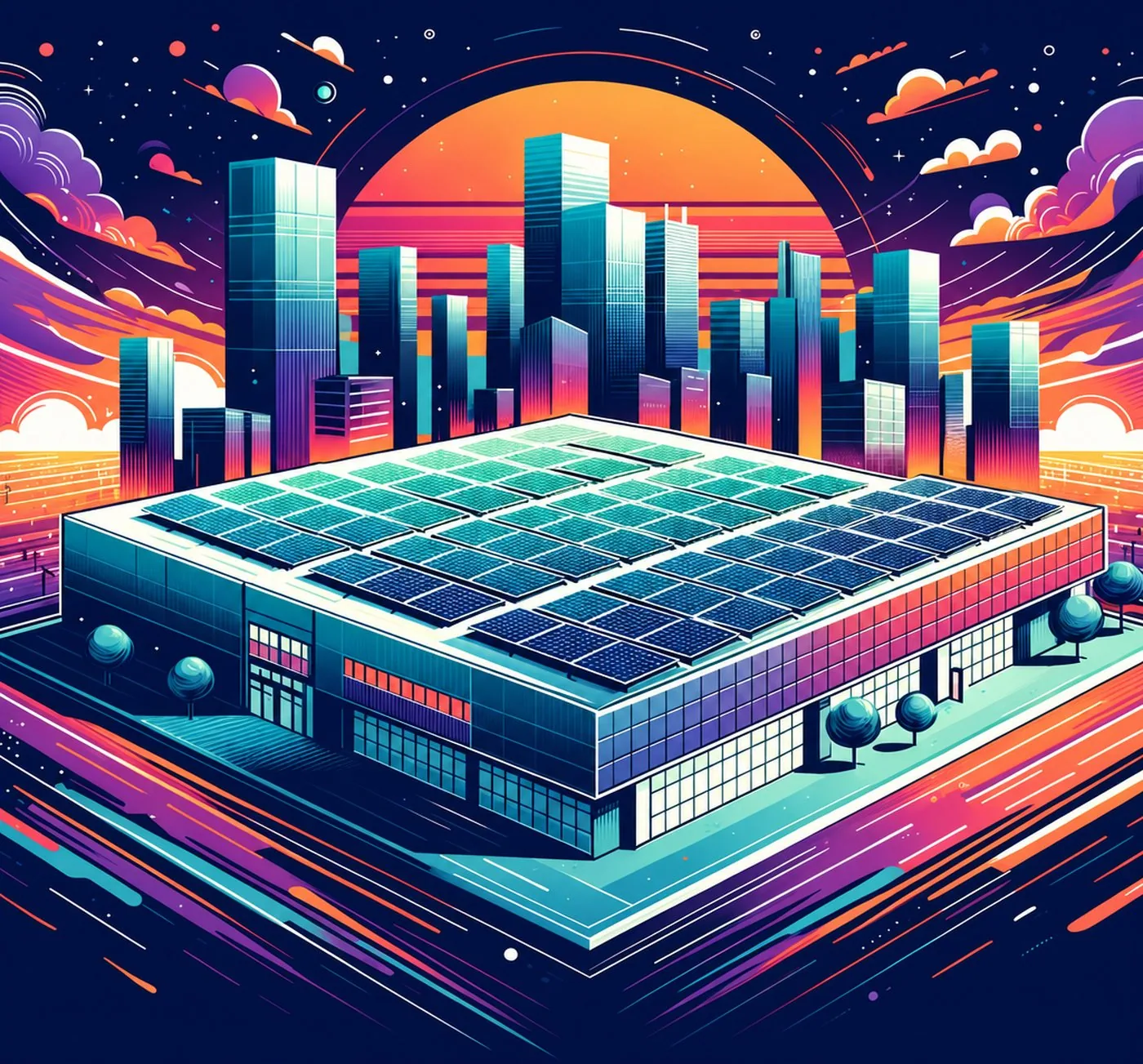 Illustration av byggnad med solpaneler på ett platt tak framför en stadssiluett