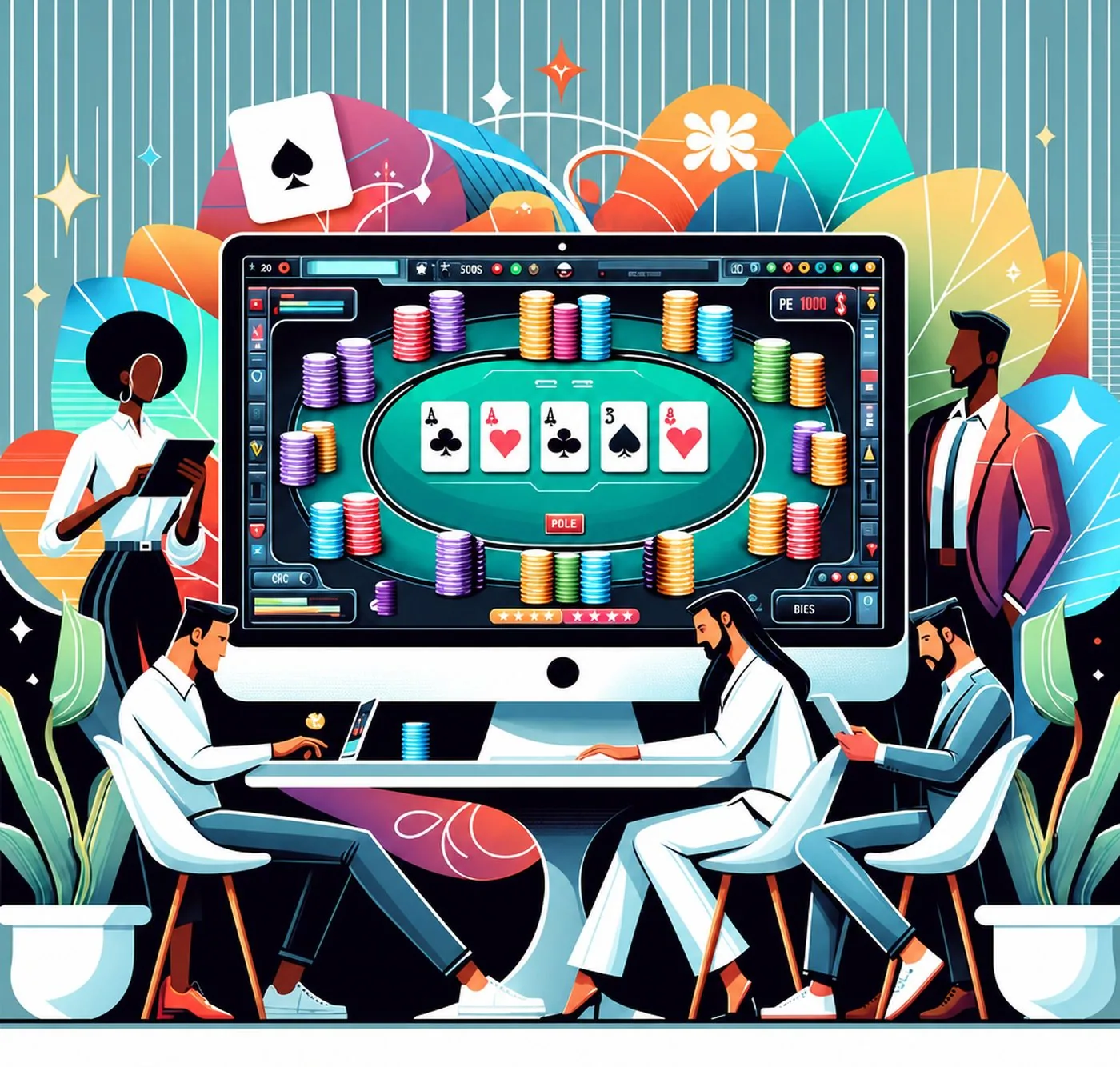 Illustration av människor som spelar onlinepoker på en stor datorskärm
