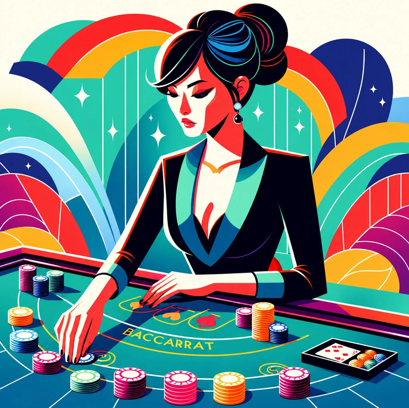 En elegant kvinna vid ett baccaratbord med färgglada spelmarker i en grafisk stil
