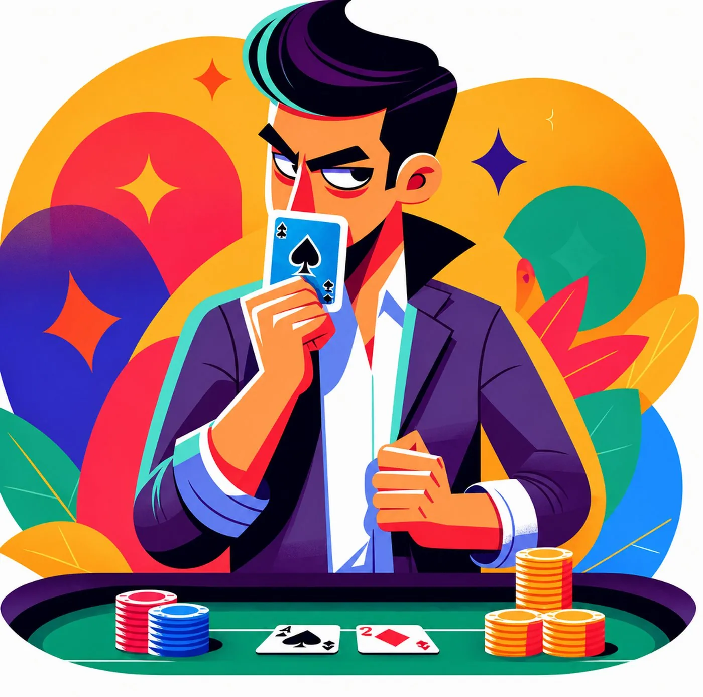 En pokerspelare som tittar på sitt hålkort vid ett bord med marker