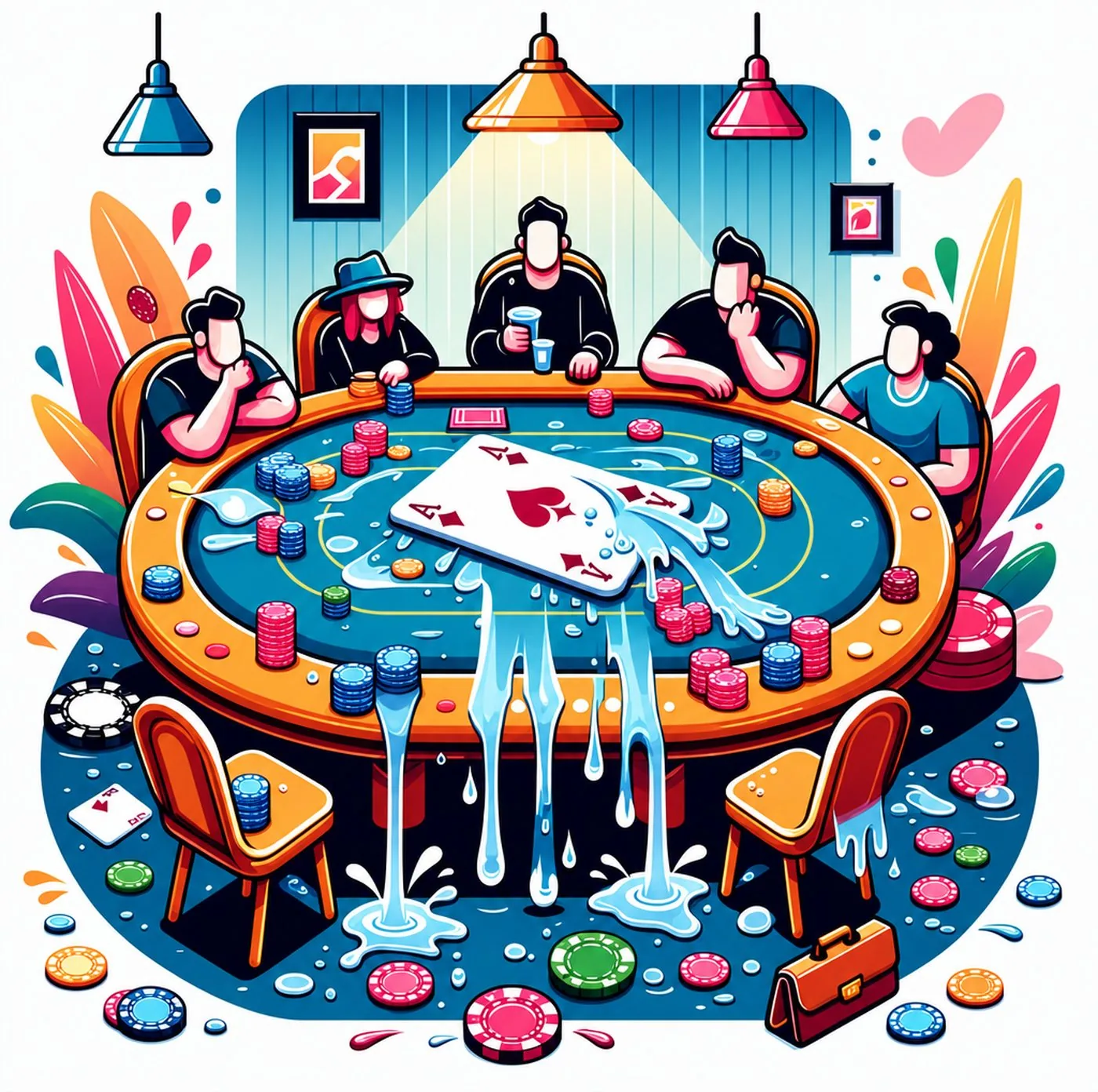 Illustration av människor kring ett pokerbord där vatten rinner över spelytan