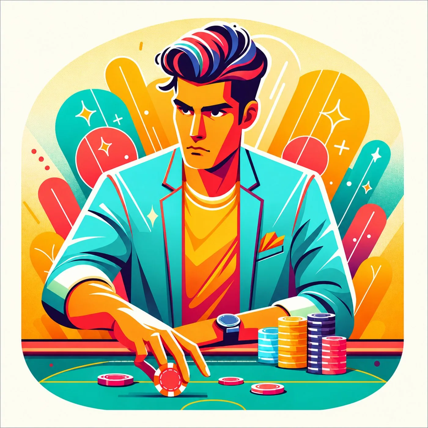 Stiliserad illustration av en man som placerar ett pokerchip på spelbordet