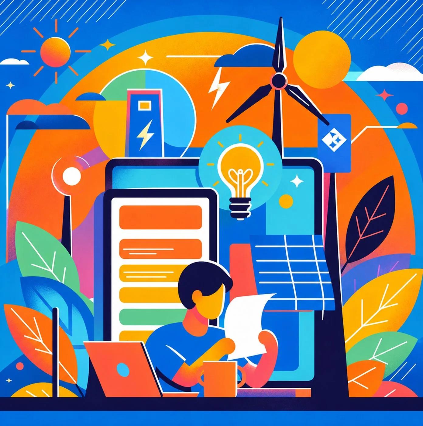 Färgglad illustration av person som arbetar med elproduktion och hållbar energi