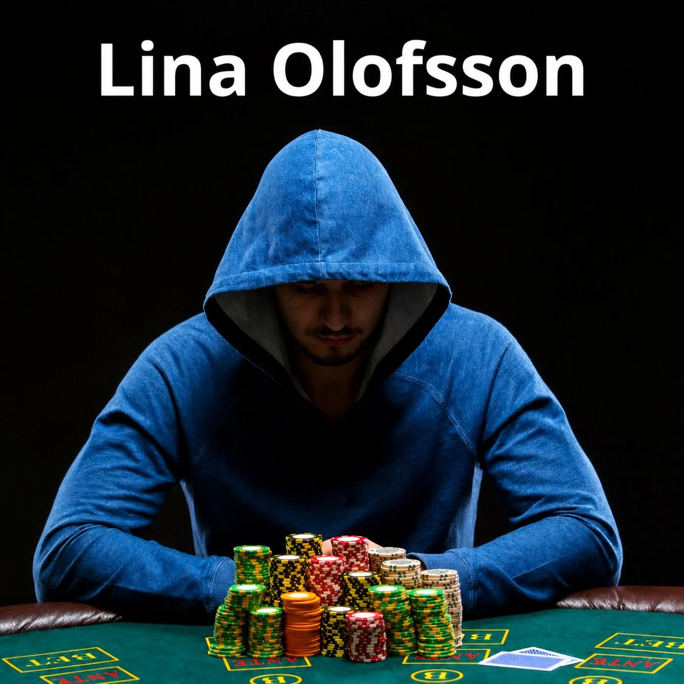 Pokerspelare i blå huvtröja som sitter vid ett bord med marker